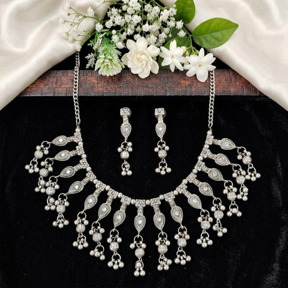 Js Fashion Oxidized Silver Necklace Set with Matching Dangle Earrings Design