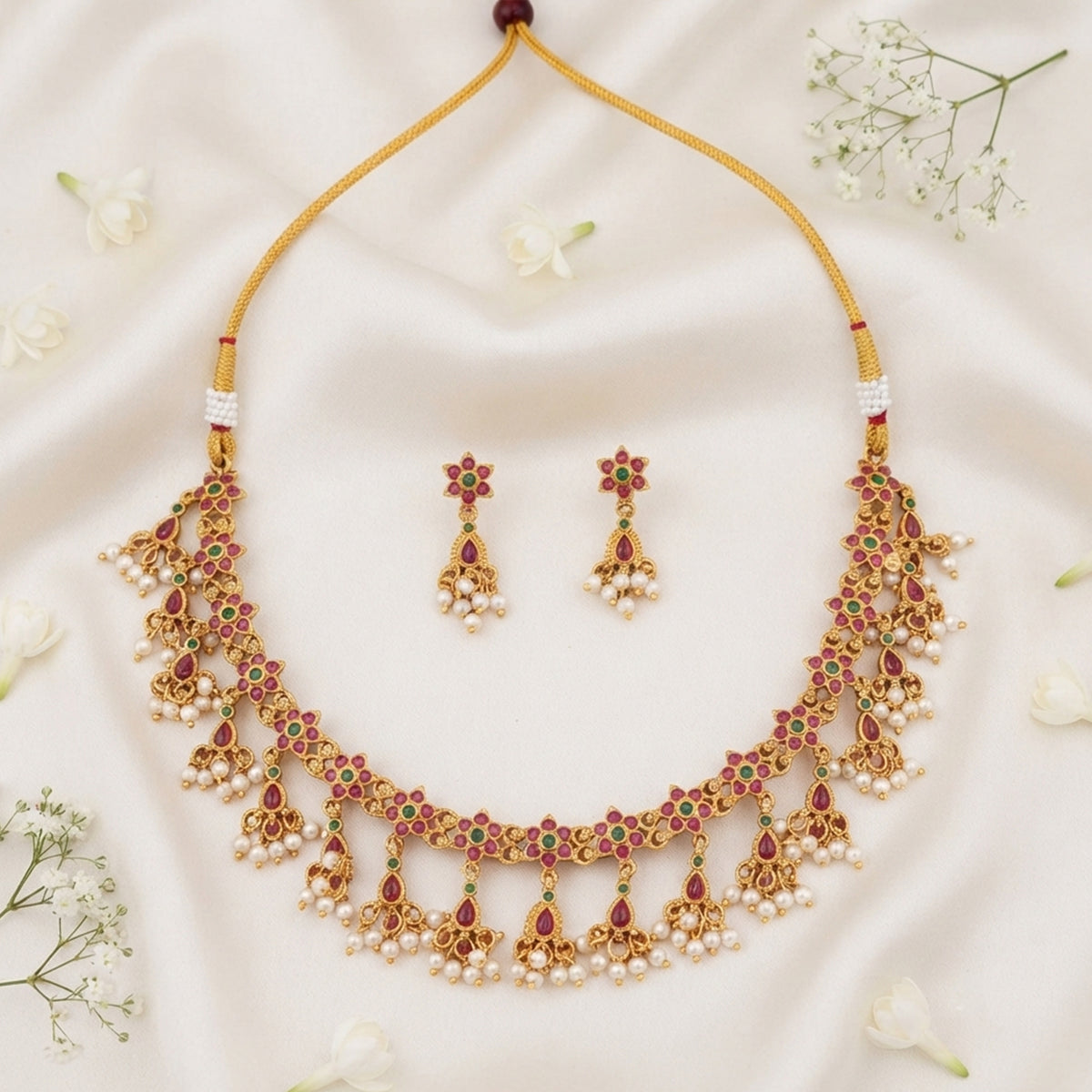 Js Fashion Beautiful Pota Stone And Pearl Necklace Set With Maching Earrings
