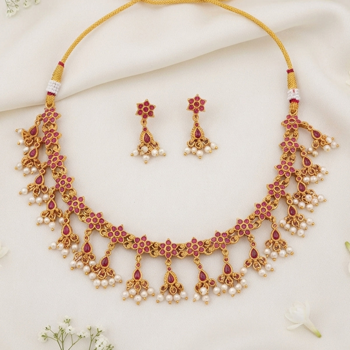 Js Fashion Beautiful Pota Stone And Pearl Necklace Set With Maching Earrings