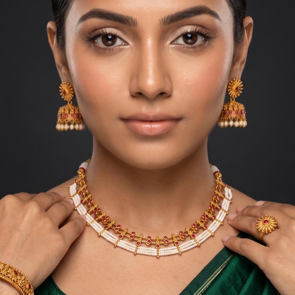 Js Fashion Premium Antique Full Stone Pearl Necklace Set with Earrings