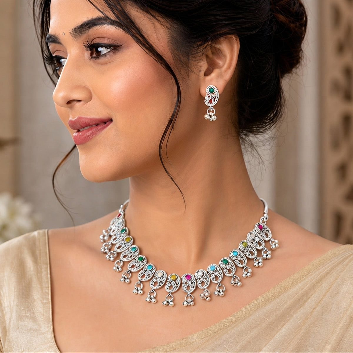 Js Fashion Oxidized Silver Beaded Designer Necklace Set
