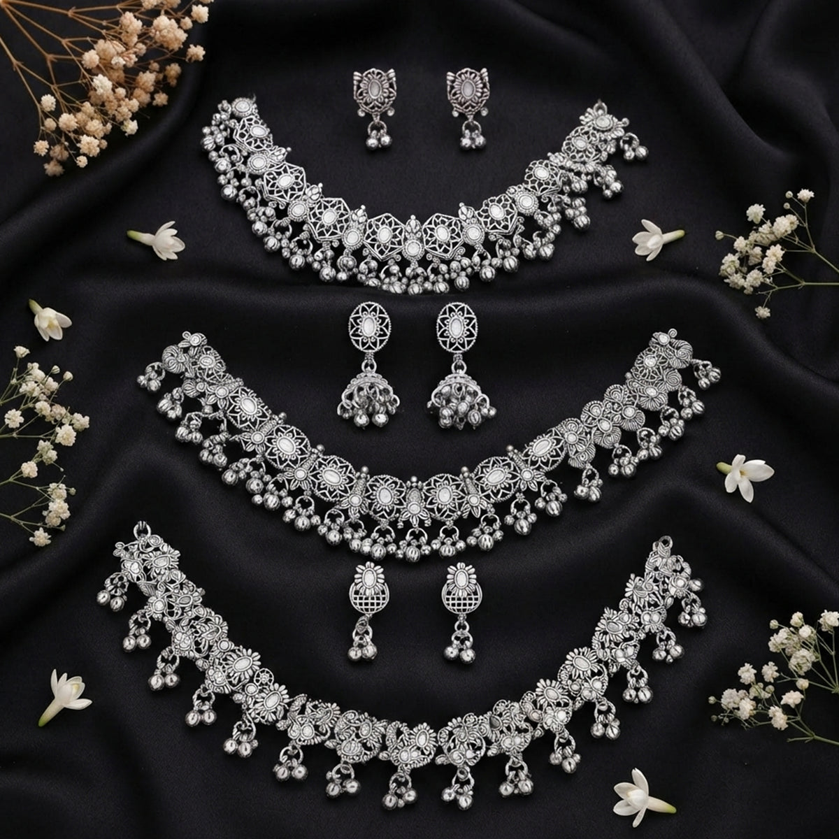 Js Fashion Oxidized Silver Beaded Designer Necklace Set