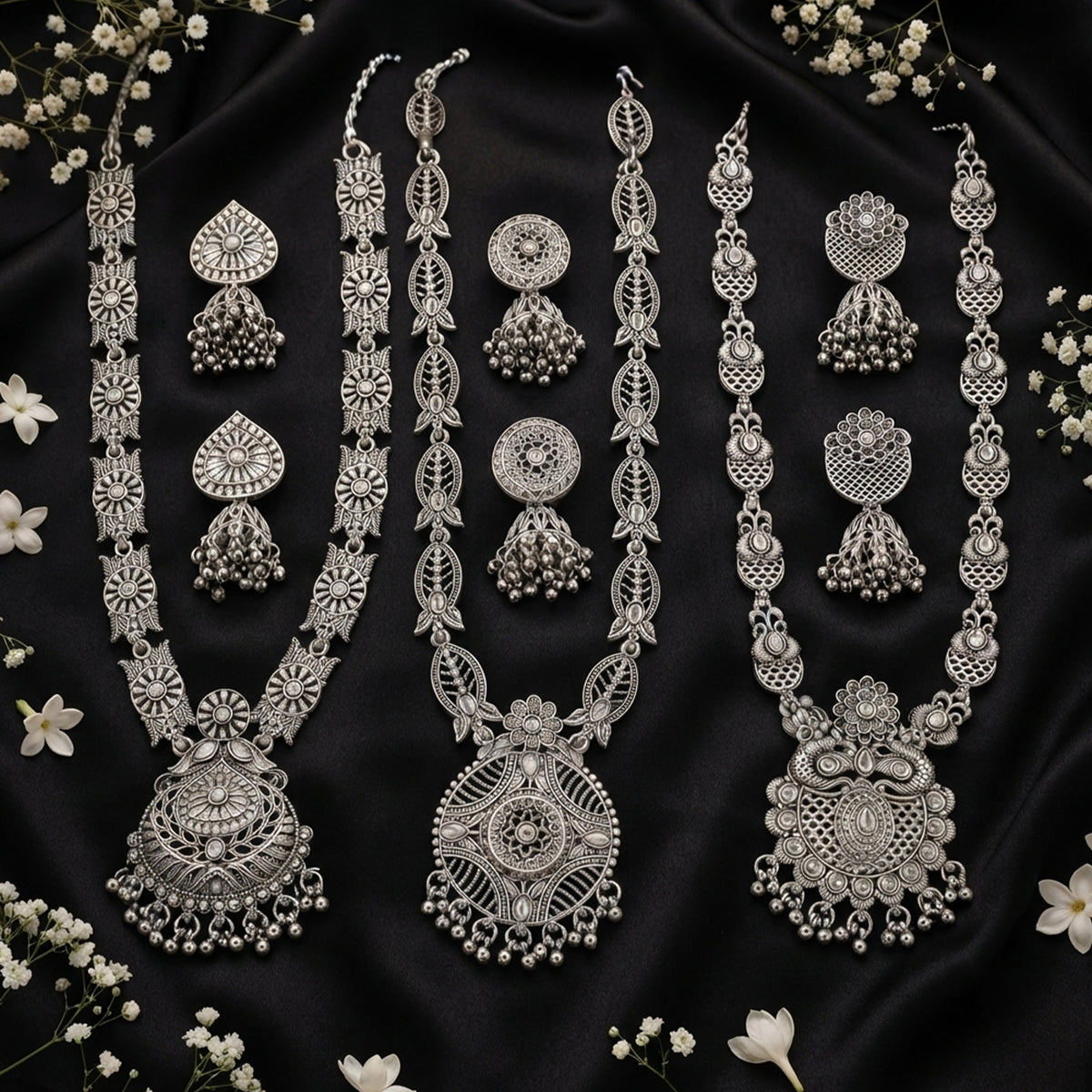 Js Fashion Oxidized Silver Beaded Designer Necklace Set