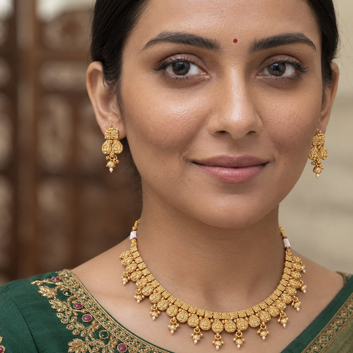Js Fashion Designer Antique Gold Necklace Set With Earrings