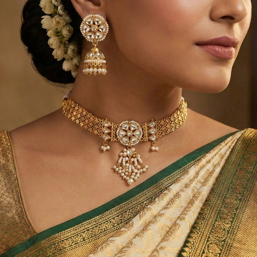 Js Fashion Antique Clustered Pearl High Gold Polish Full Stone Party Wear Necklace Set