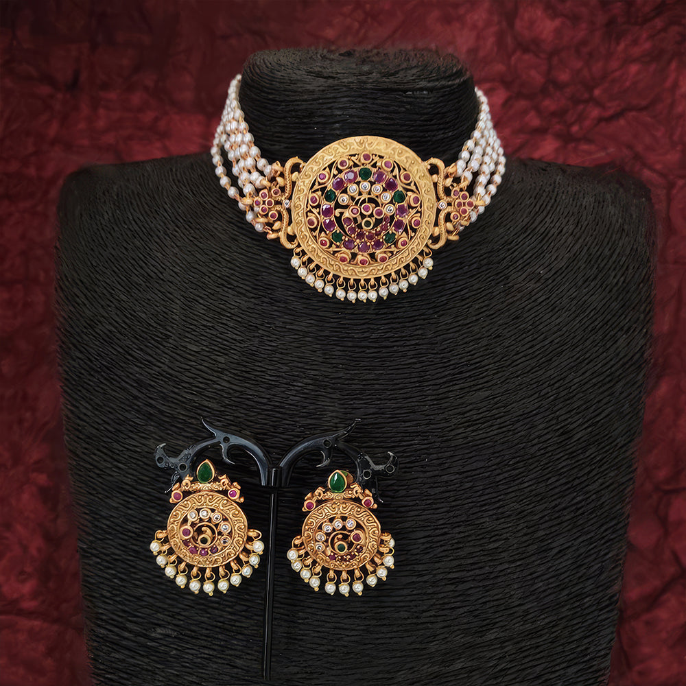 Js Fashion Matte Gold Polish Designer Party wear Fancy Style Choker Style Necklace Set