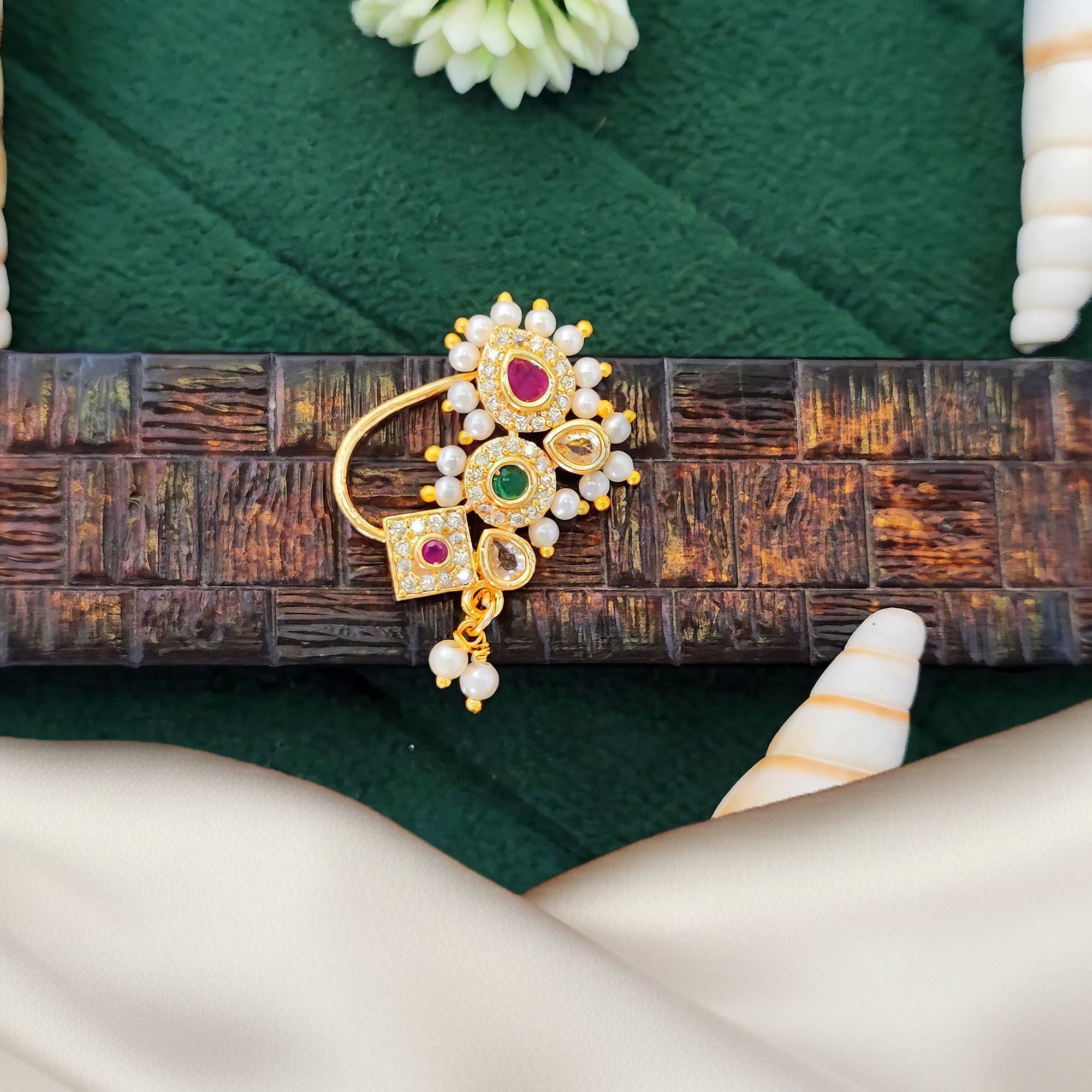 Js Fashion Antique Geometric Stone Designer Nath with Pearl Drop