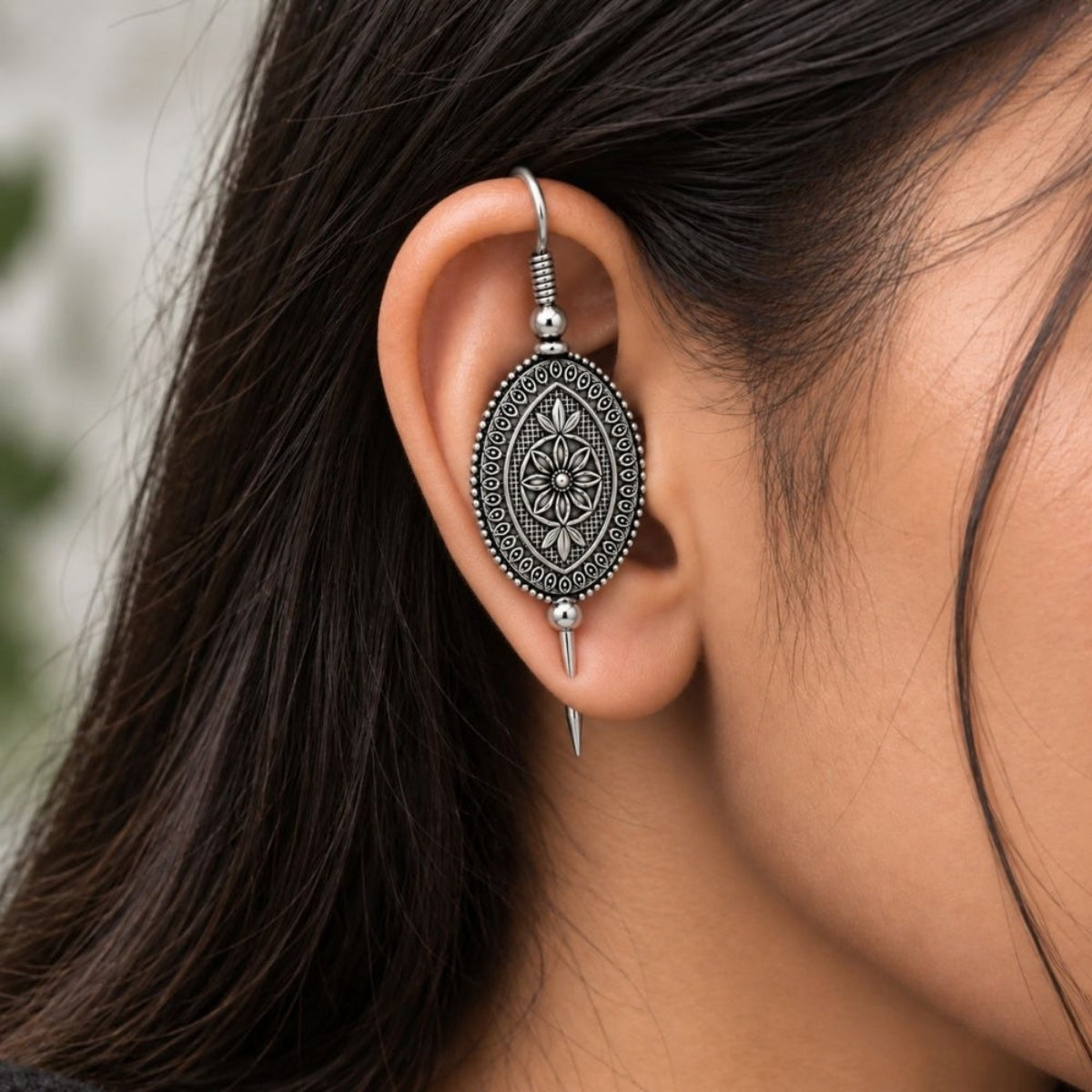 Etnico Navratri Traditional Oxidised Silver Plated Bugadi Ear Cuff Earrings for Women & Girls