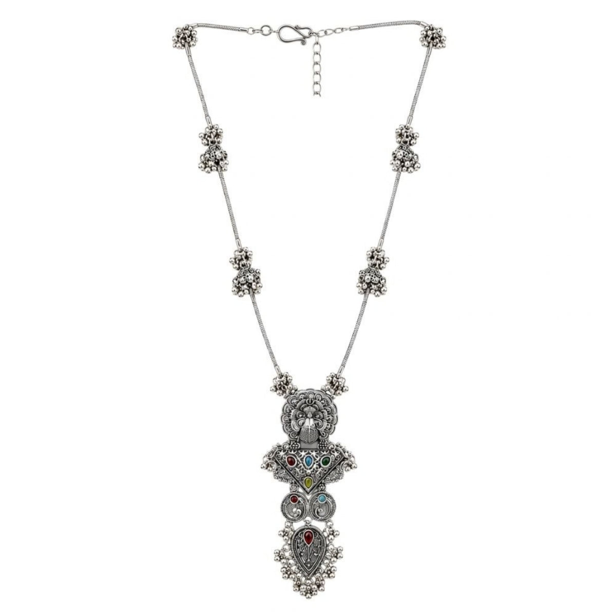 Etnico Traditional Navratri Oxidised Silver Plated Multicolour Long Pendant Necklace with Earrings Jewellery Set for Women (OXJ006)