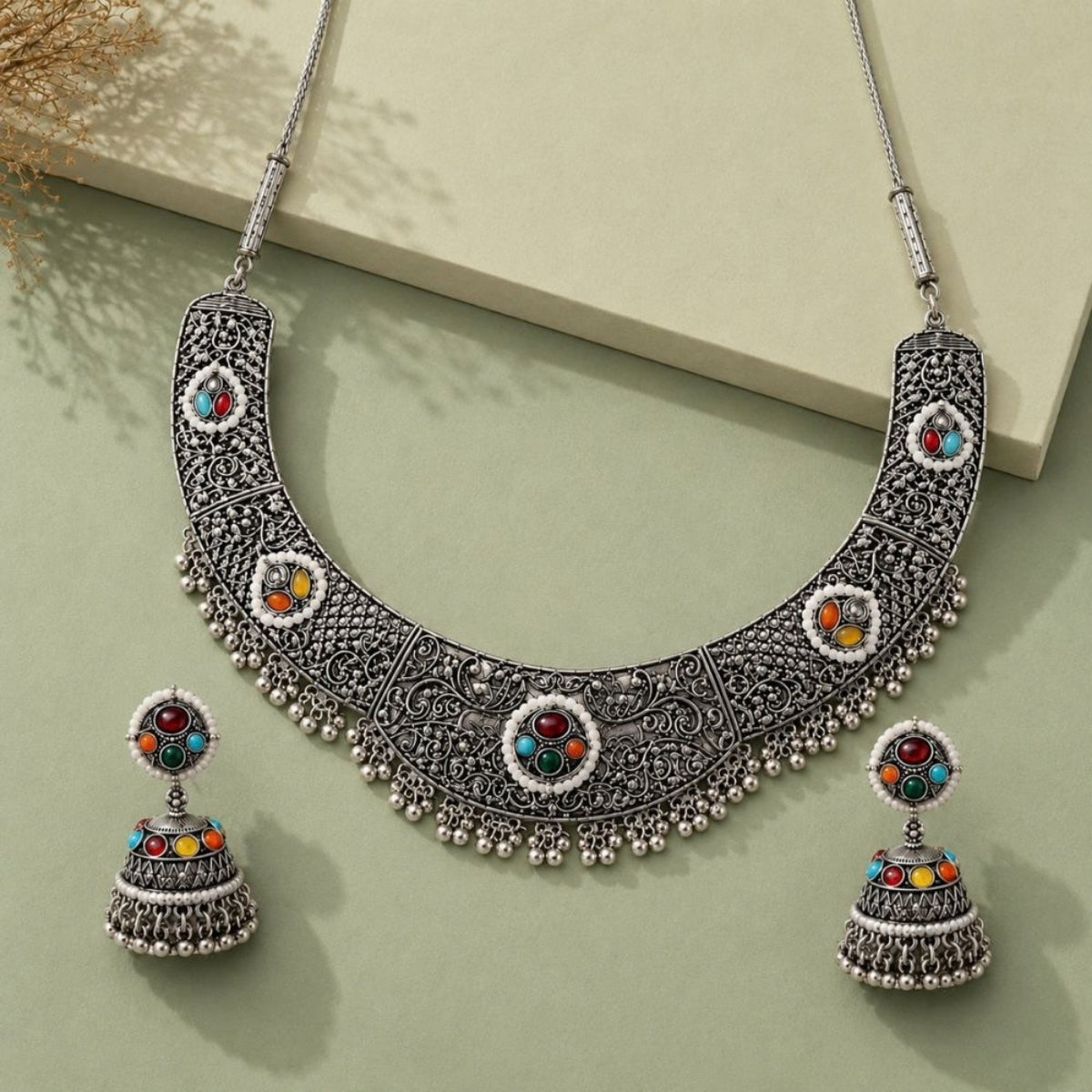 Etnico Traditional Navratri Oxidised Silver Plated Multicolour Choker Necklace with Jhumka Earrings Jewellery Set for Women (OXJ007)