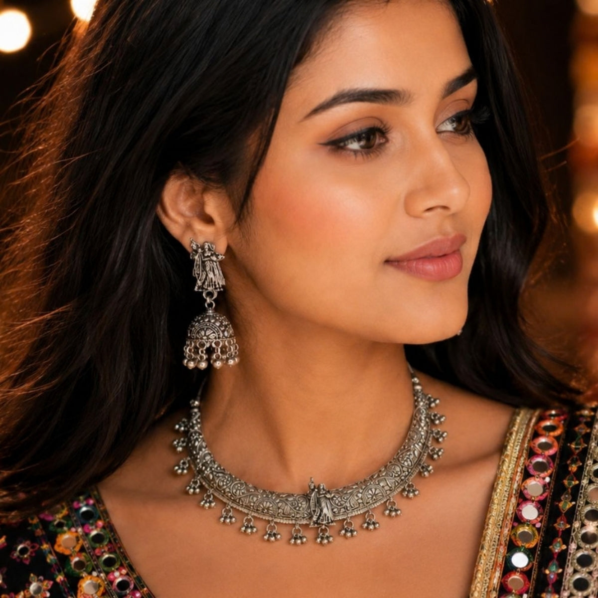 Etnico Traditional Navratri Oxidised Silver Plated Ghungroo Hasli Choker Necklace with Jhumka Earrings Jewellery Set for Women (OXJ008)