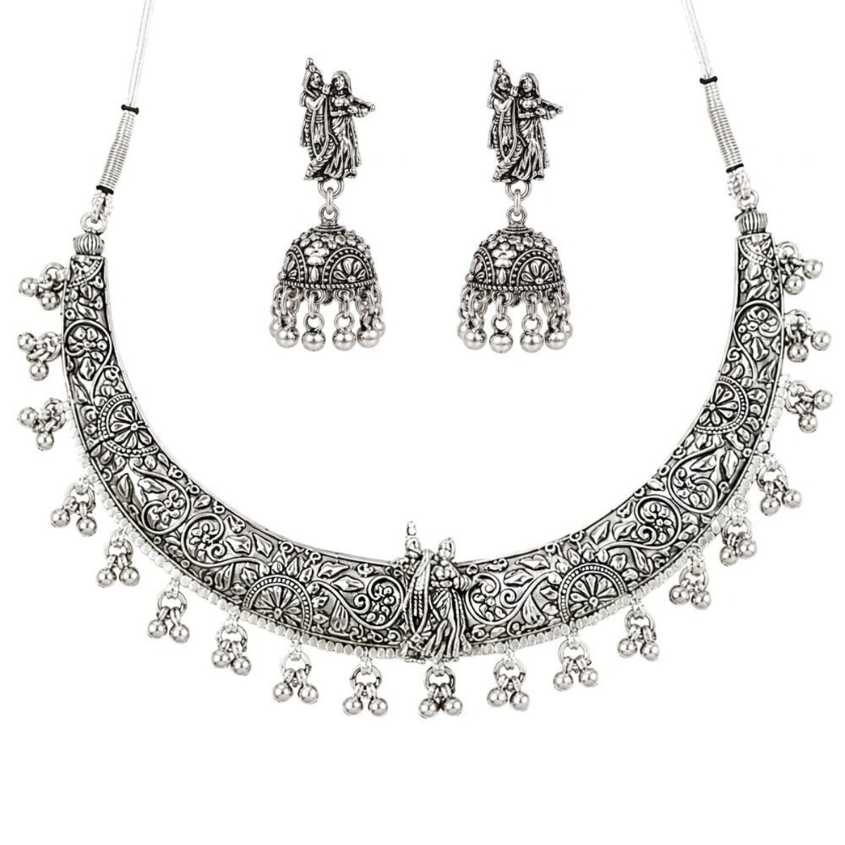 Etnico Traditional Navratri Oxidised Silver Plated Ghungroo Hasli Choker Necklace with Jhumka Earrings Jewellery Set for Women (OXJ008)