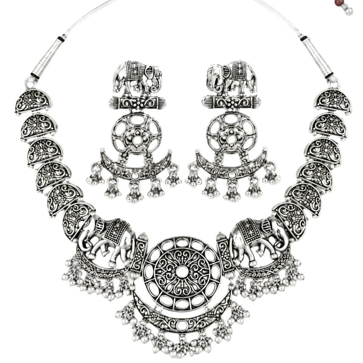 Etnico Traditional Navratri Oxidised Silver Plated Multicolour Choker Necklace with Earrings and Maang Tikka Jewellery Set for Women (OXJ011)
