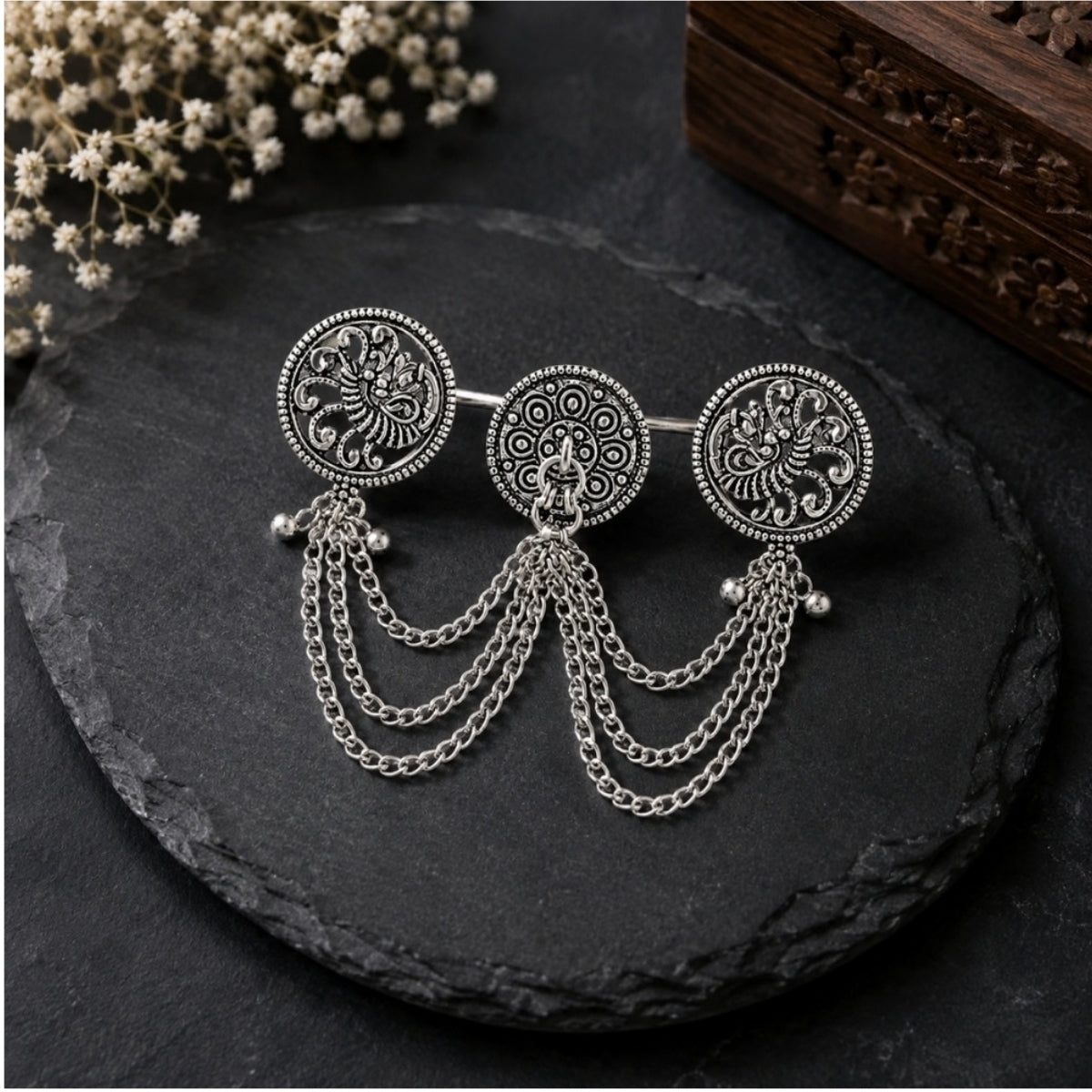 Etnico Traditional Oxidised Silver Plated Design Two Finger Ring with Multicolour Stones & Hanging Ball Charms for Women & Girls