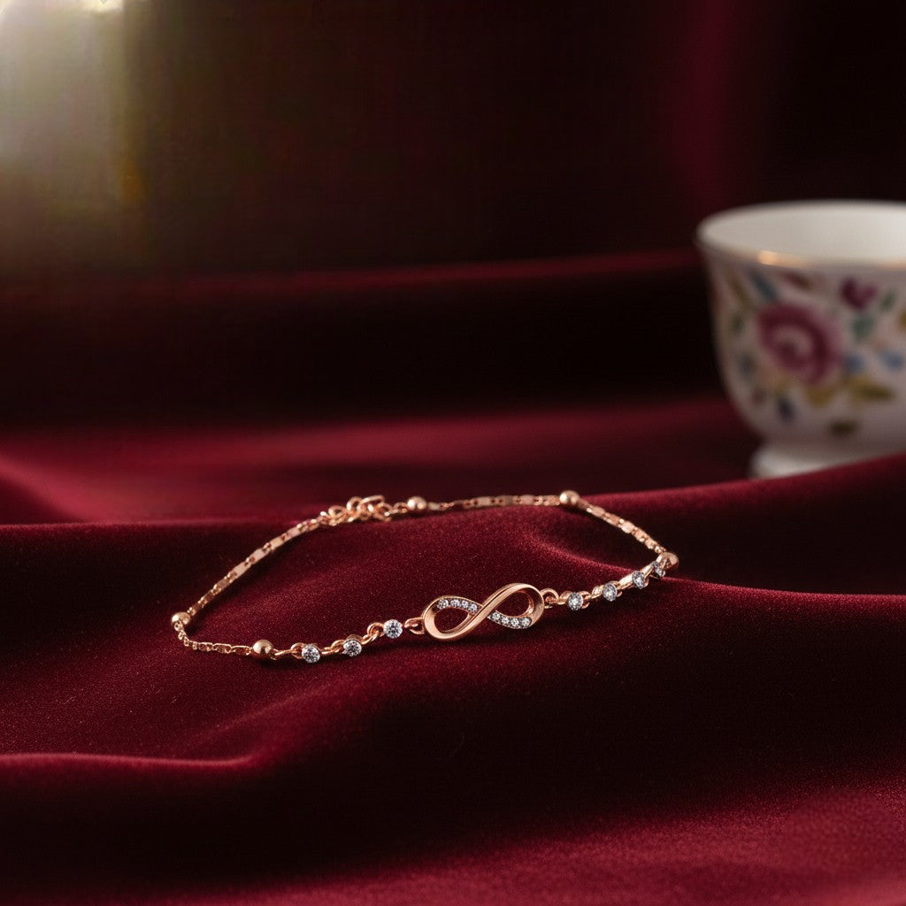 Mahi Rose Gold Plated Adjustable Chain Infinity Payal Anklet with White Shiny Crystals for Women & Girls (PL1100142ZWhi)