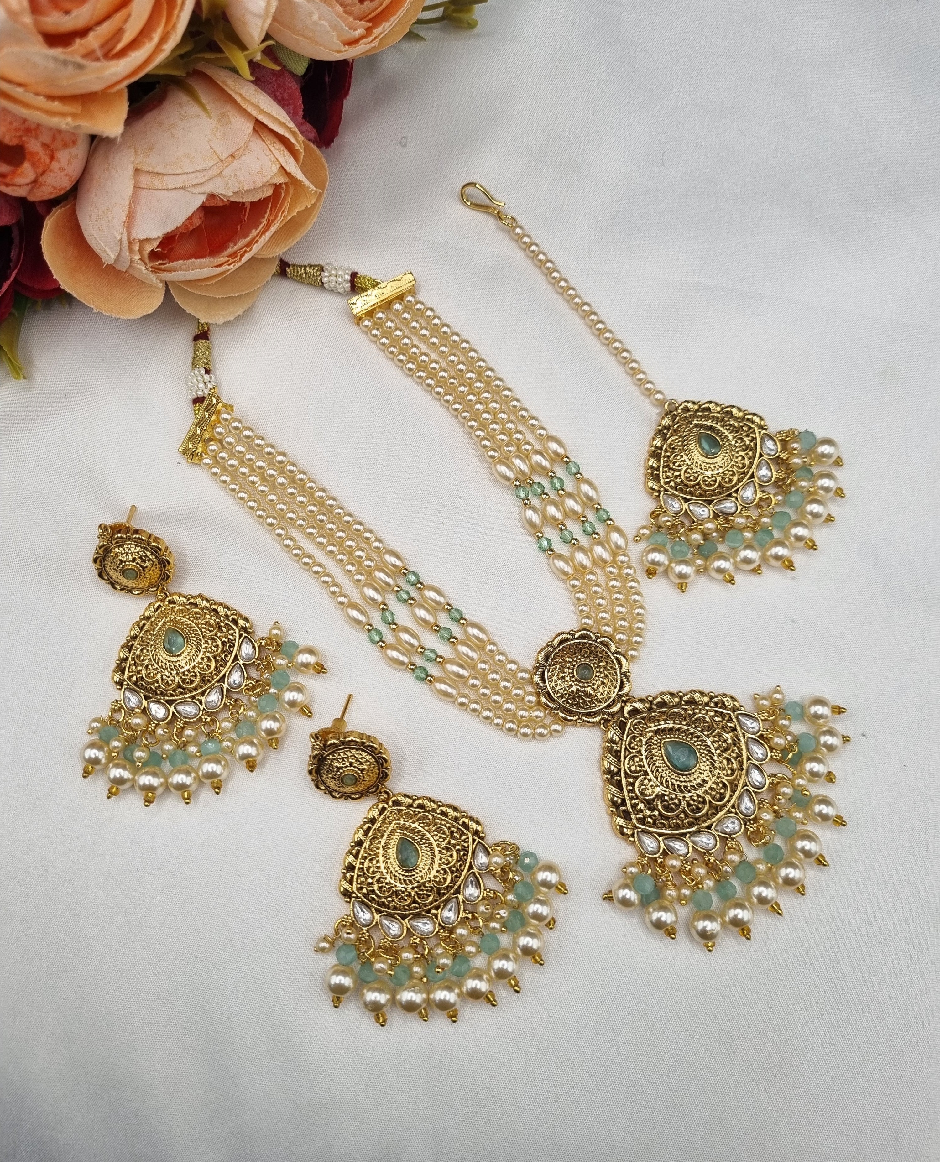 LAFZ Antique Multi-Strand Pearl Necklace Set with Maangtikka & Earrings - PM1GOLD