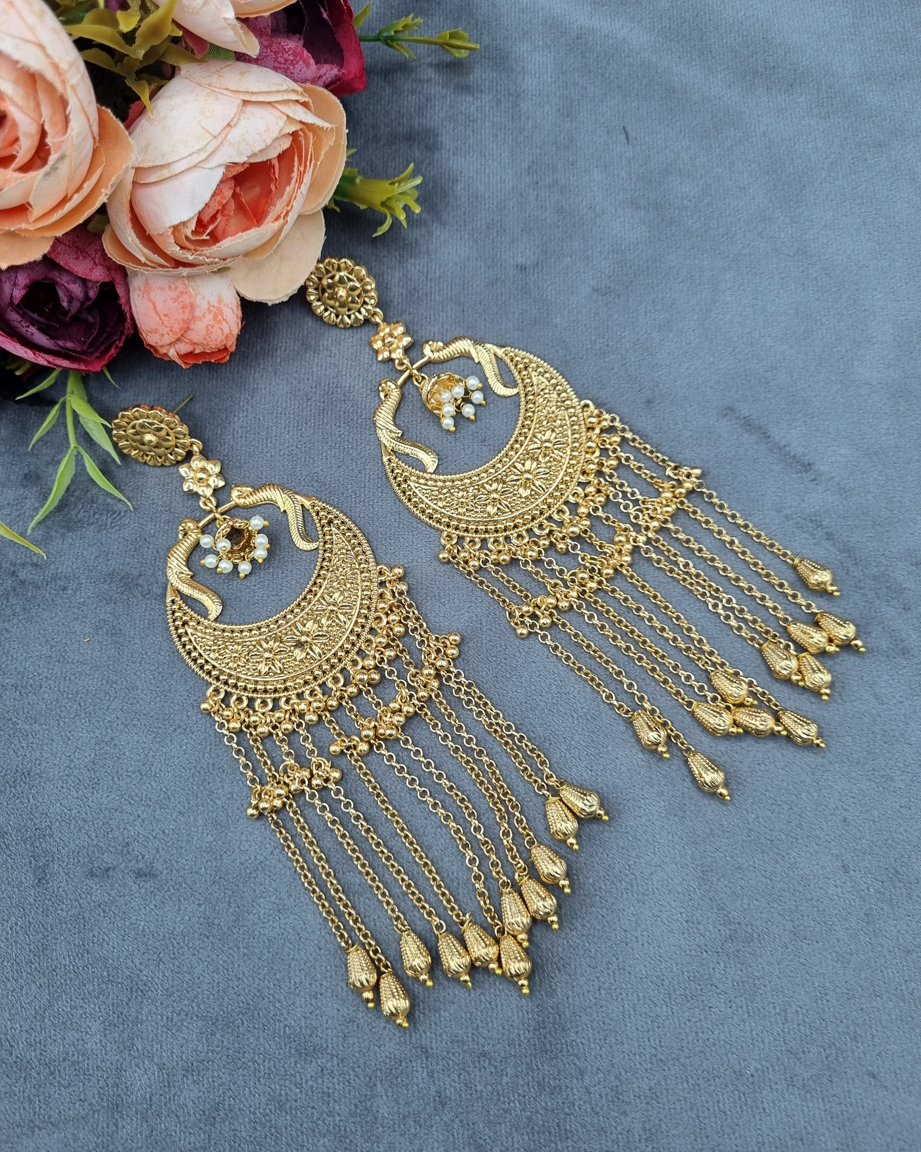 LAFZ Peacock Motif Chandbali Earrings with Tassel Chains - PM3LCT