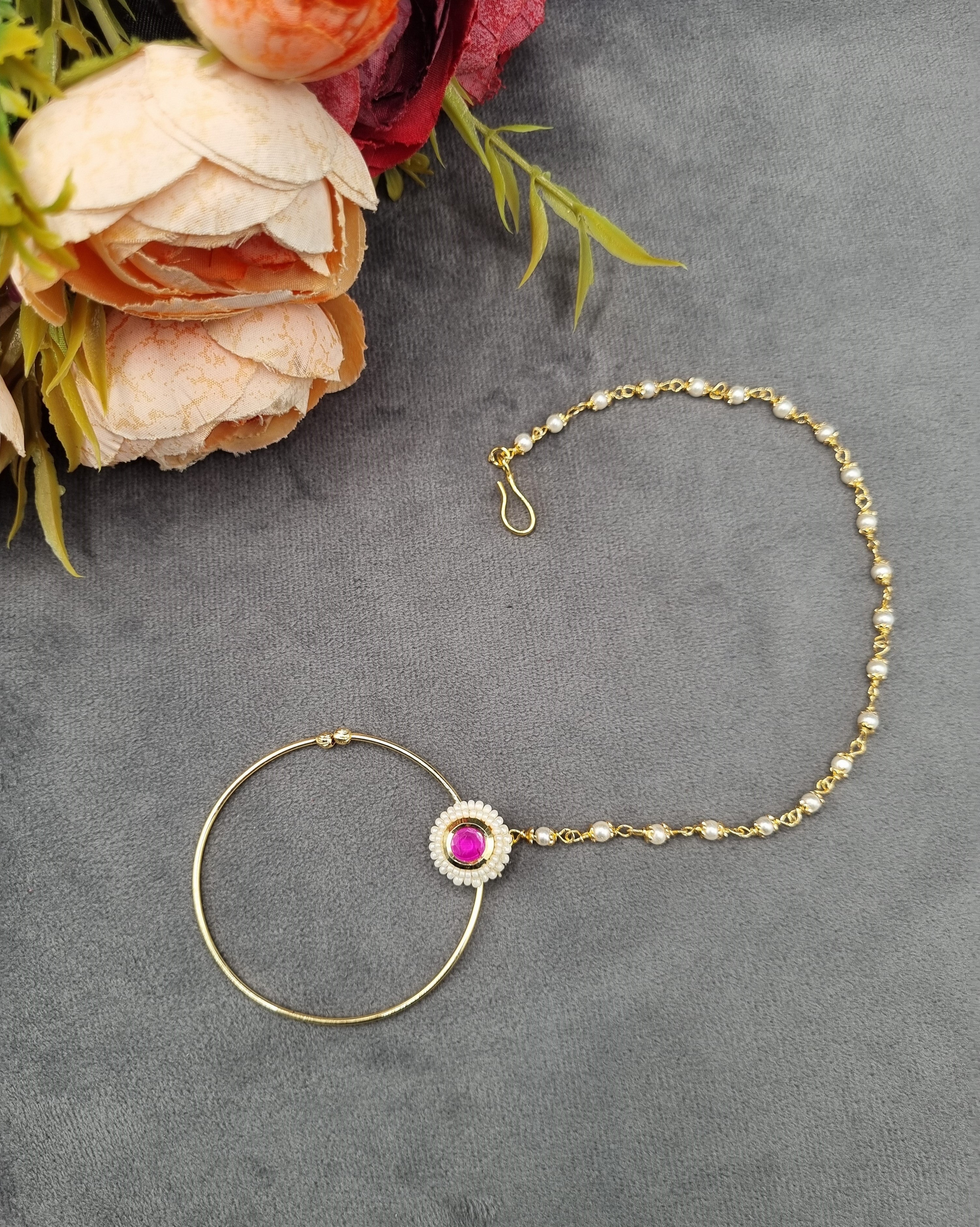 LAFZ Traditional Stone & Pearl Studded Hoop Nath with Pearl Beaded Chain - PM5
