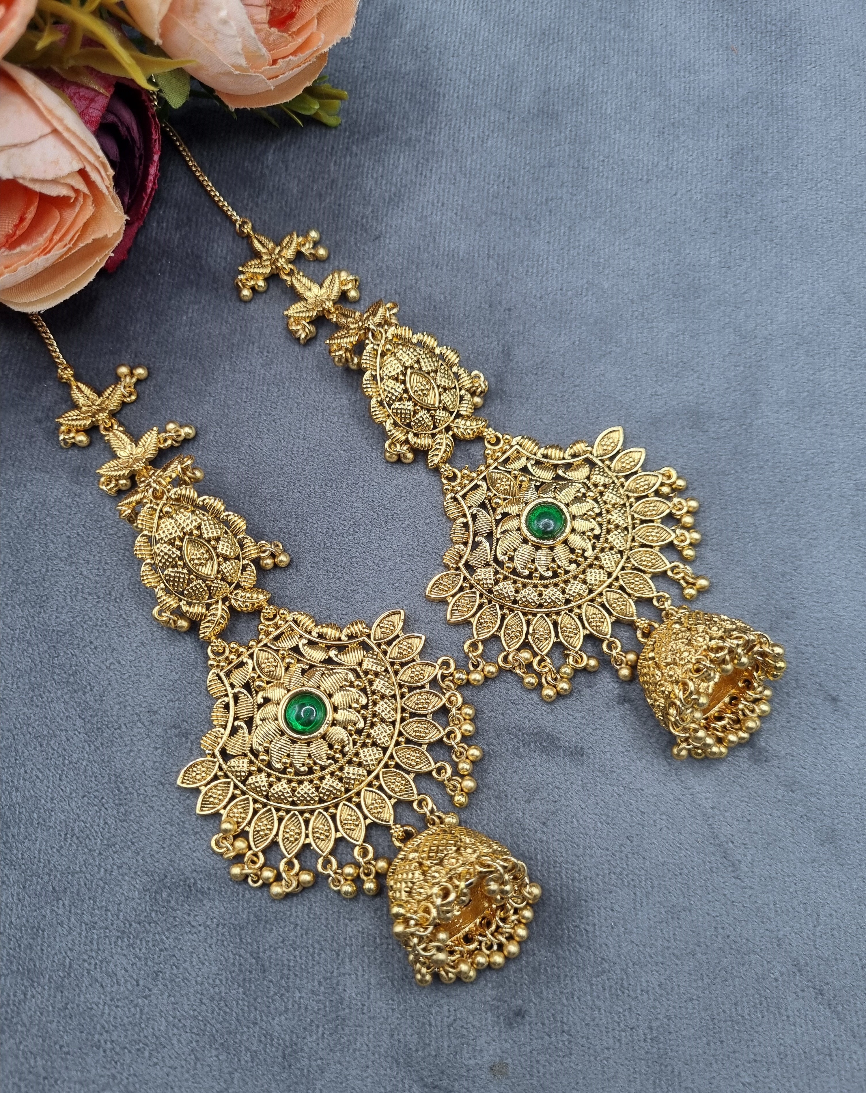 LAFZ Ornate Antique Filigree Jhumka Earrings with Ear Chains - PMER2
