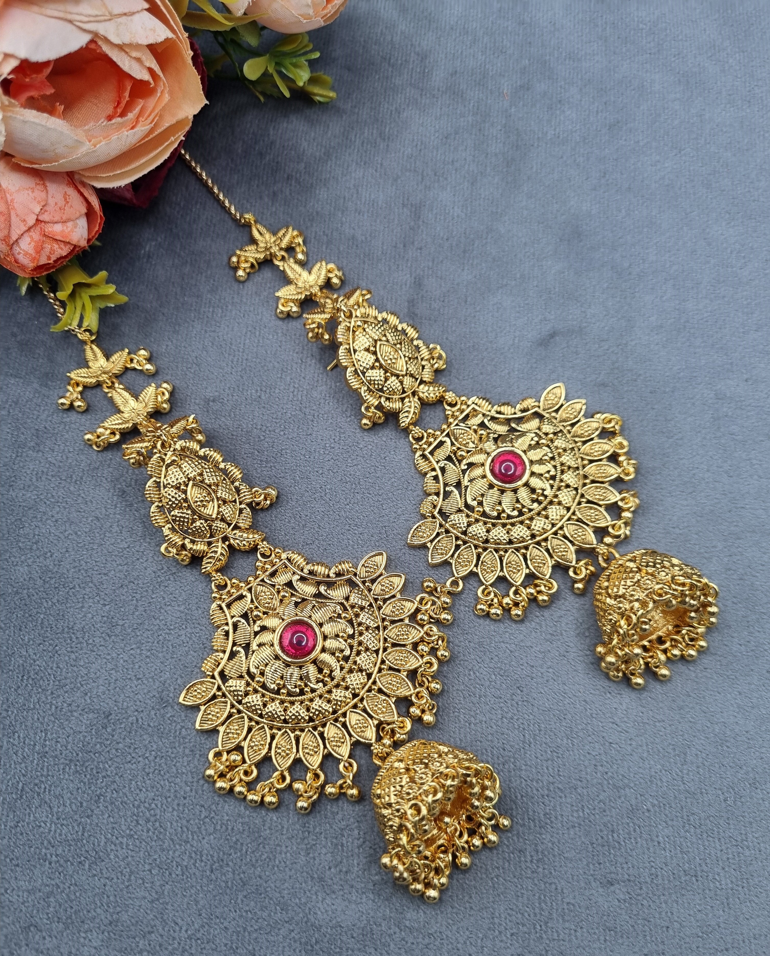 LAFZ Ornate Antique Filigree Jhumka Earrings with Ear Chains - PMER2