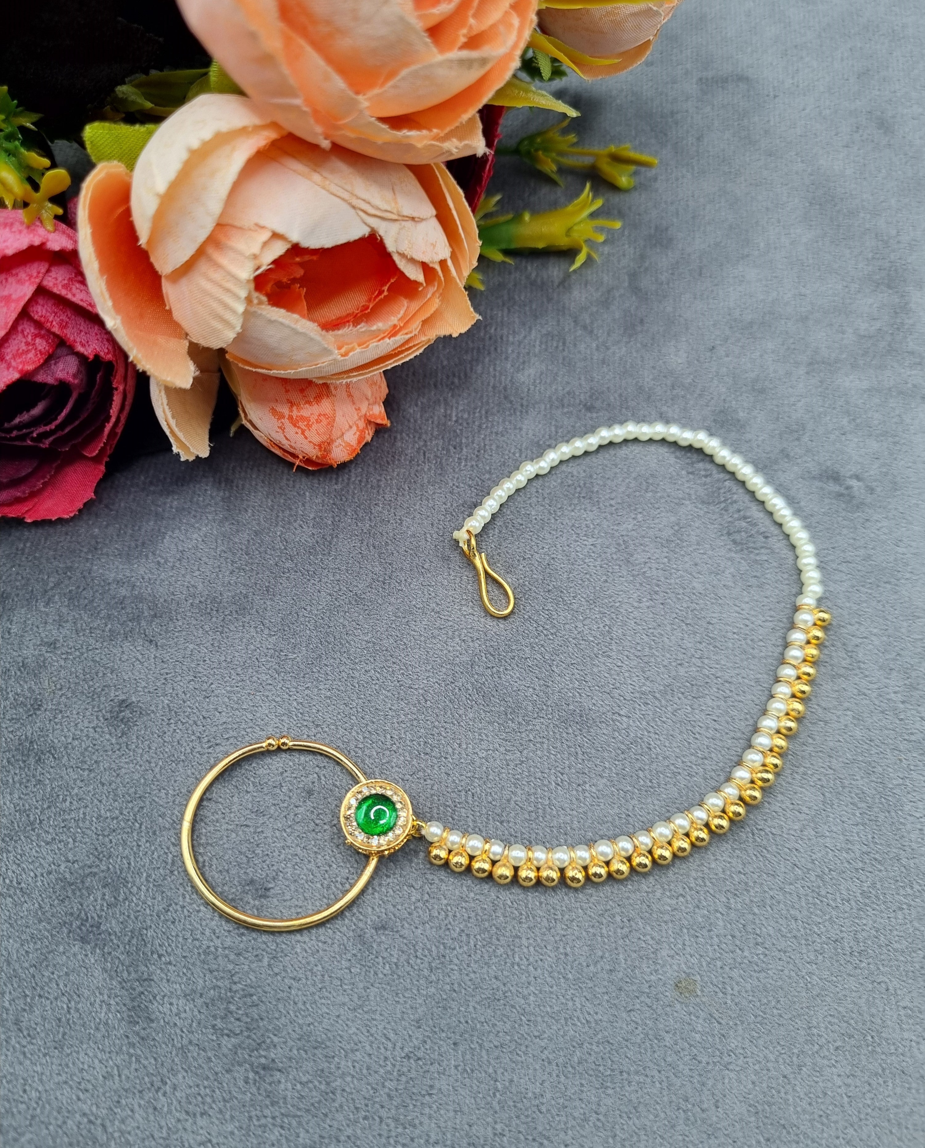 LAFZ Traditional Stone-Studded Nath Ring with Pearl Support Chain - PMNT2