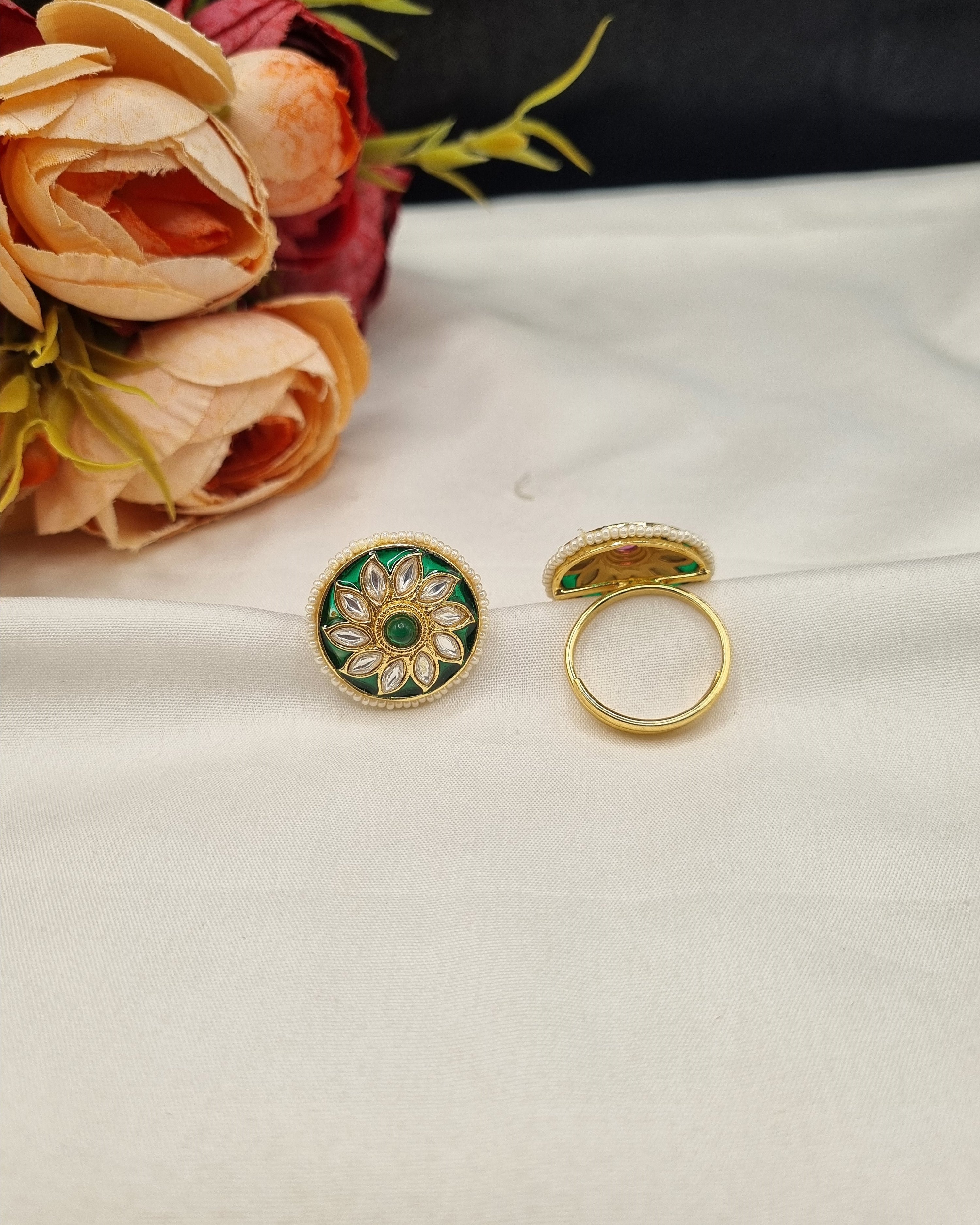 LAFZ Floral Rosette Meenakari Statement Ring with Pearl Edge - PMRG10