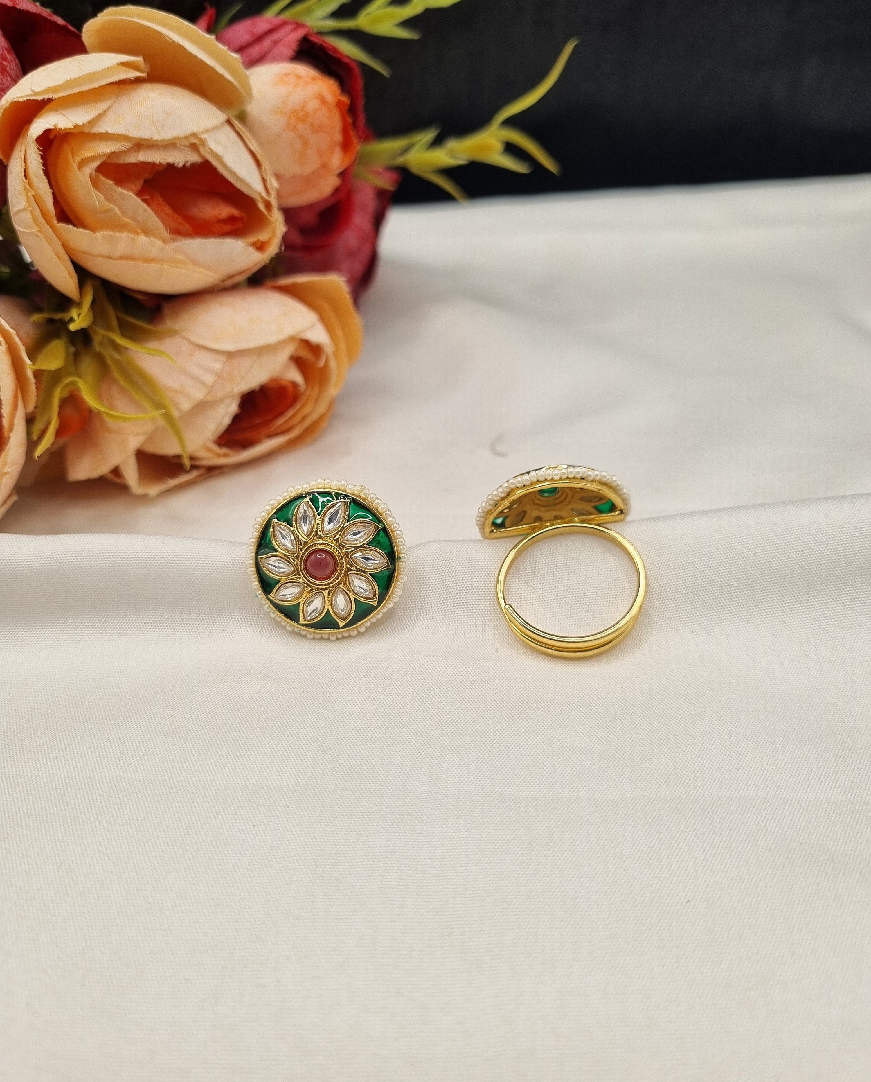 LAFZ Floral Rosette Meenakari Statement Ring with Pearl Edge - PMRG10