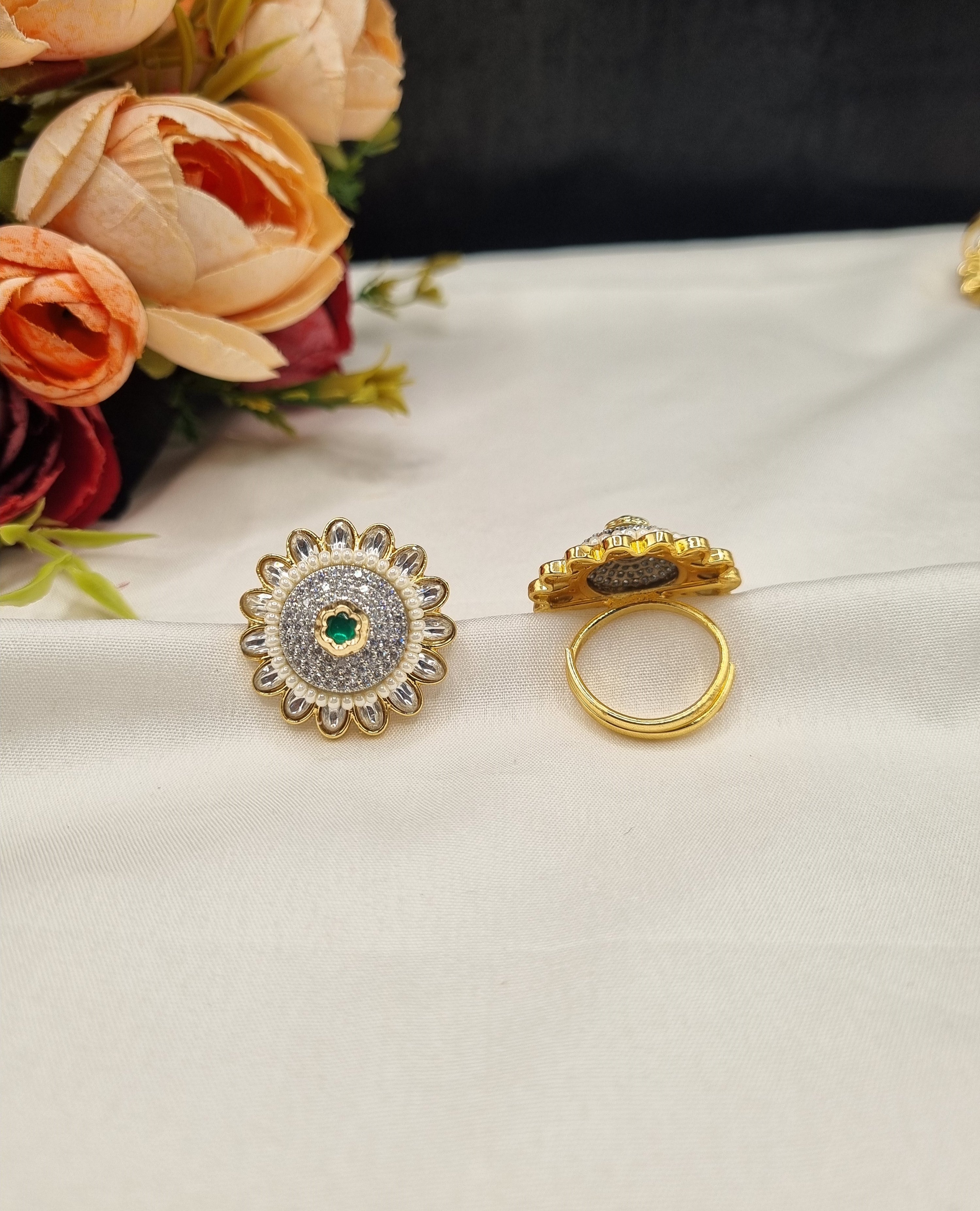LAFZ Sunburst Pave Medallion Ring with Pearl Border - PMRG11