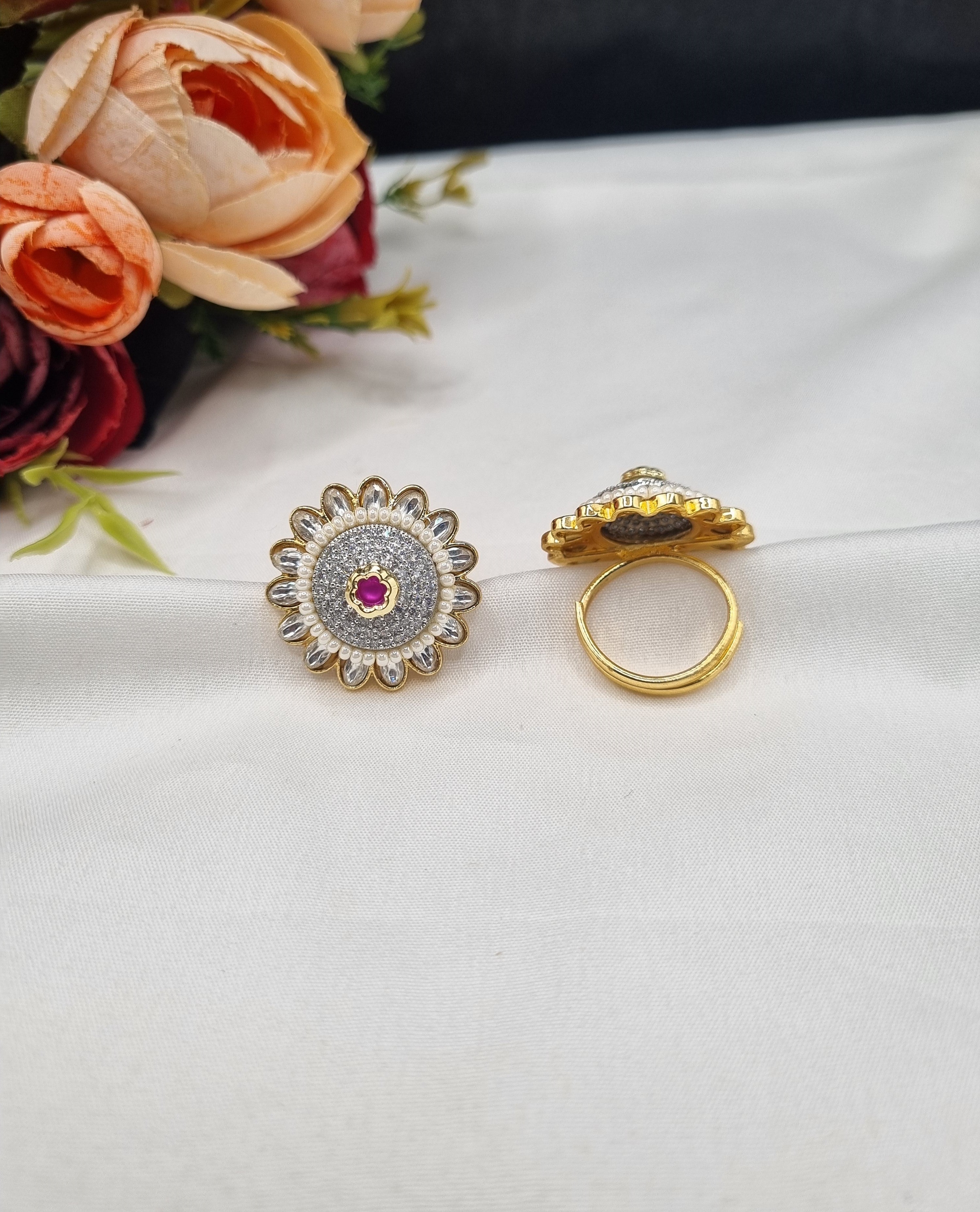 LAFZ Sunburst Pave Medallion Ring with Pearl Border - PMRG11