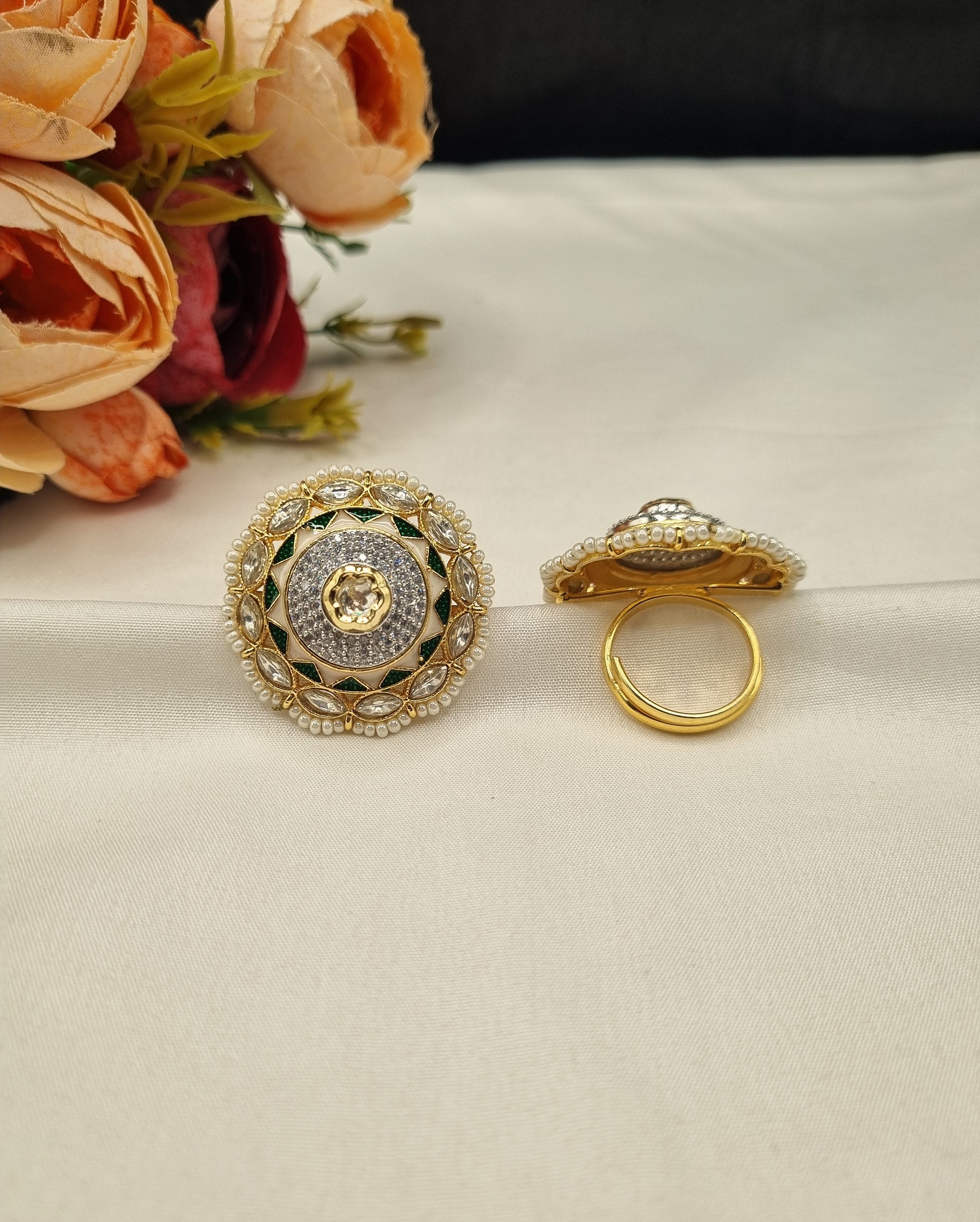 LAFZ Dome Medallion Statement Ring with Micro-Pearl Border - PMRG13