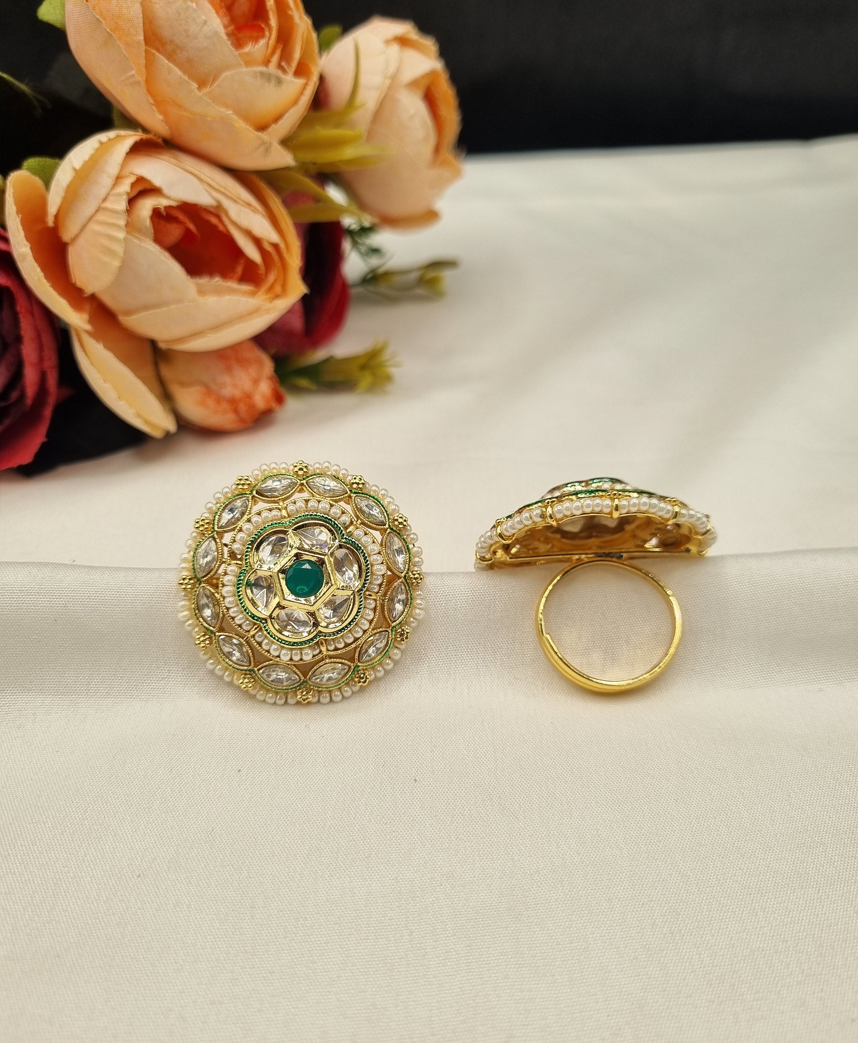 LAFZ Gold-Plated Floral Circular Statement Ring with Pearl Border - PMRG15