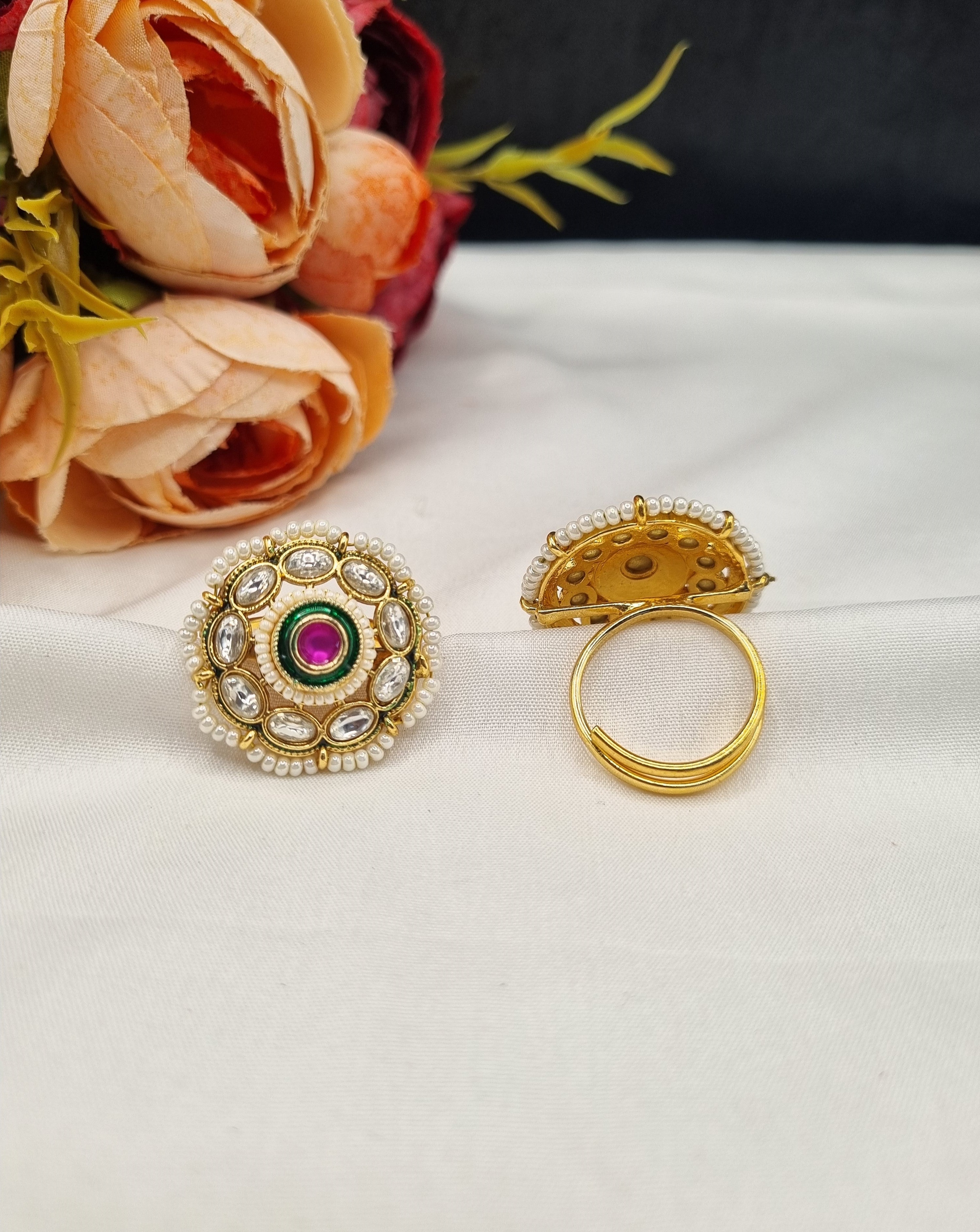 LAFZ Traditional Round Meenakari & Stone-Studded Adjustable Ring - PMRG3