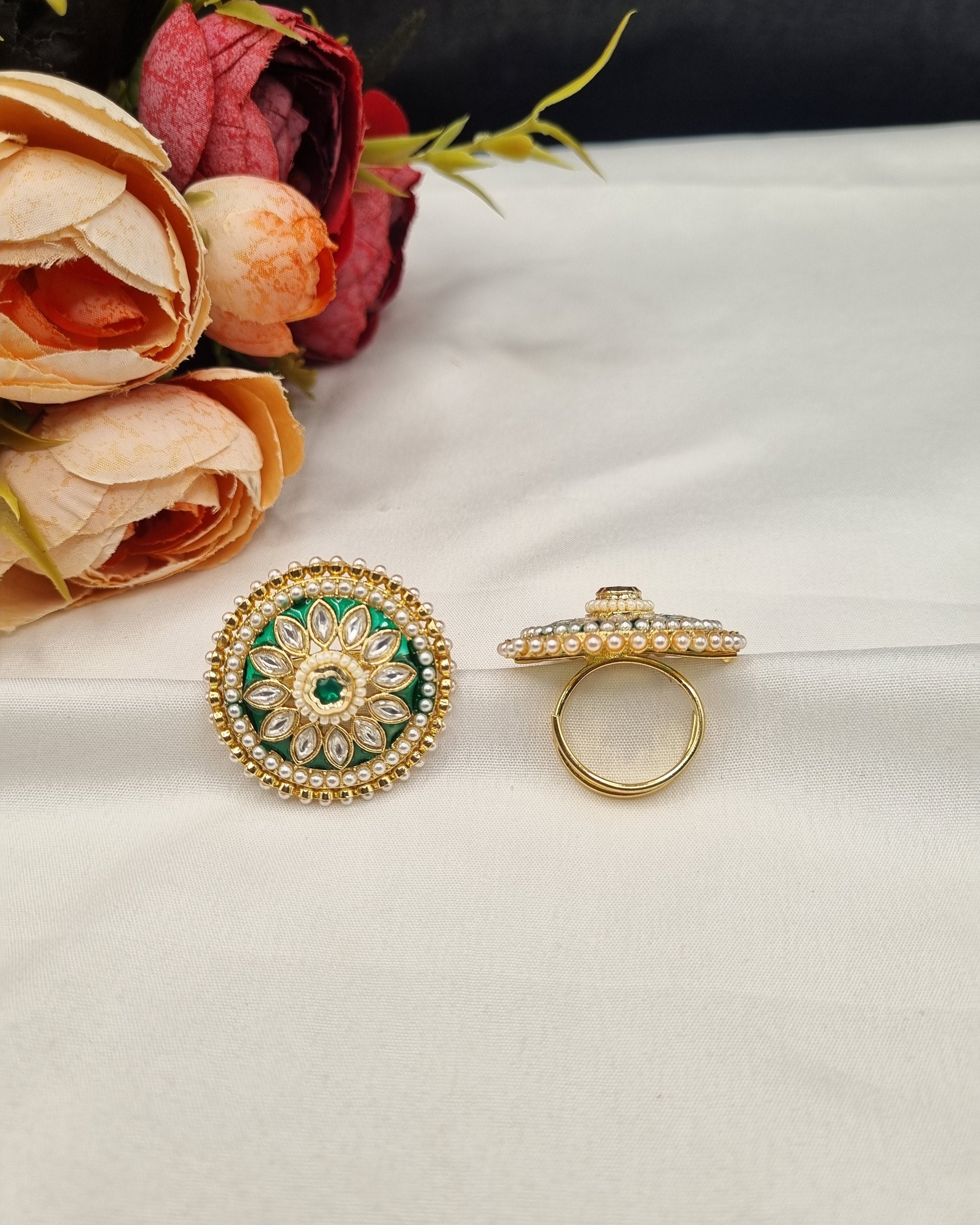 LAFZ Floral Motif Meenakari Statement Ring with Pearl Border - PMRG7