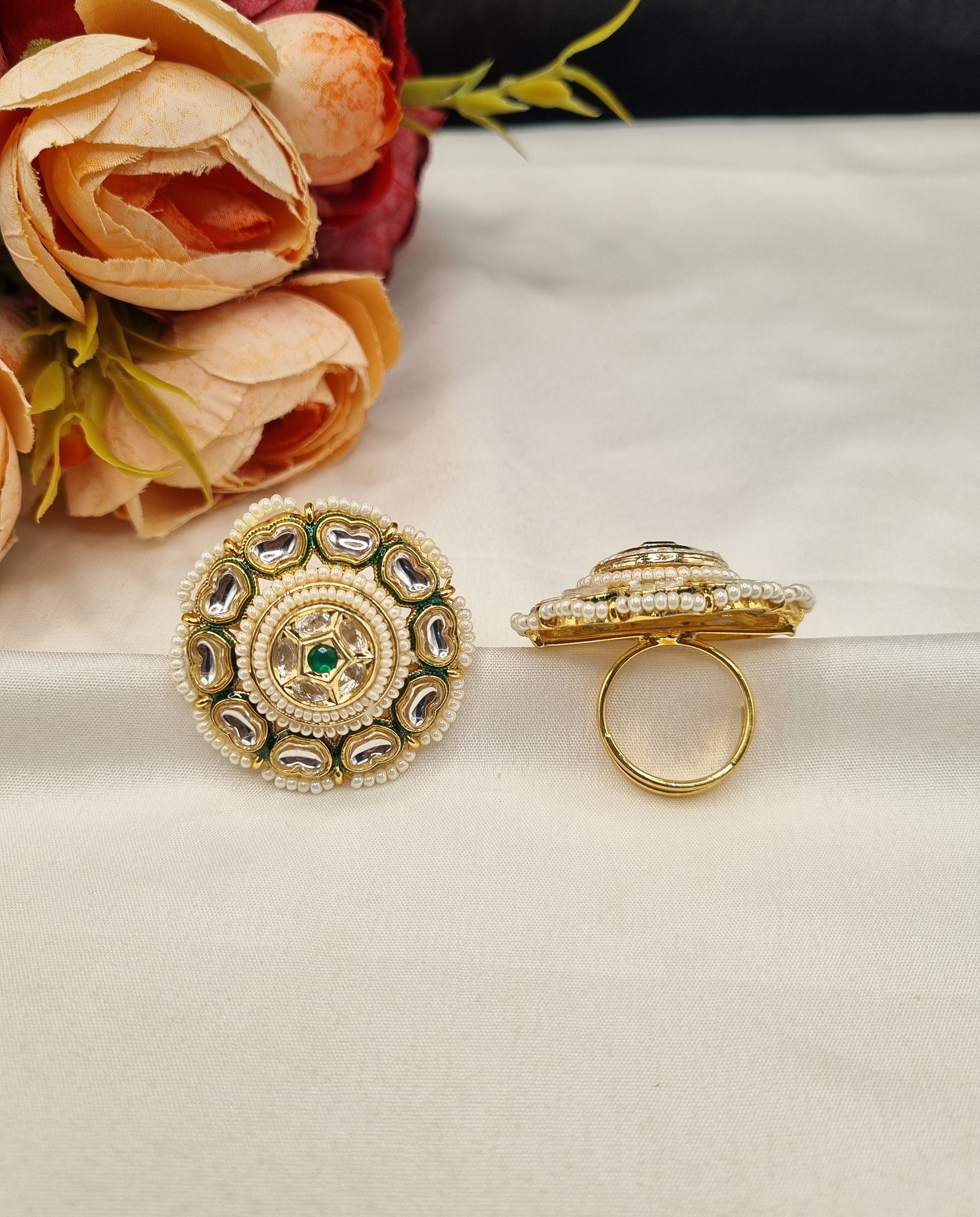 LAFZ Intricate Dome-Style Concentric Statement Ring with Pearl Halo - PMRG8