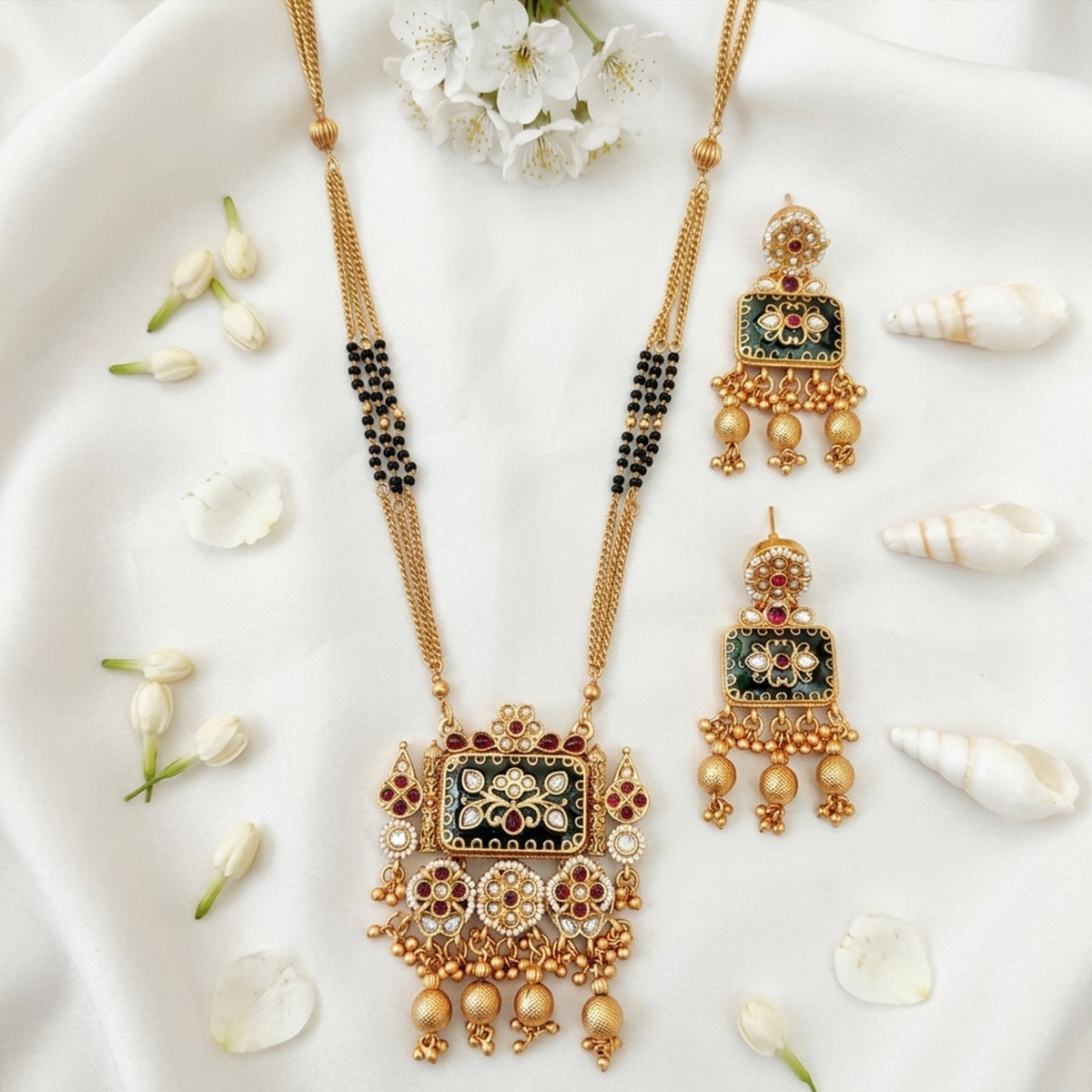 Js Fashion Heritage Rajwadi Polish Full Stone Party Wear Pendant SetSet
