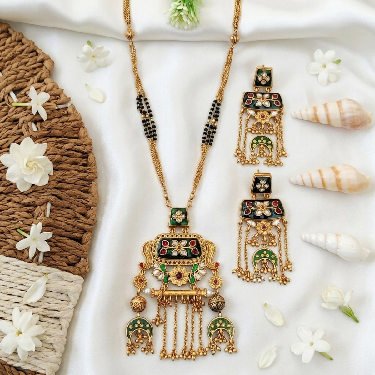 Js Fashion Heritage Rajwadi Polish Full Stone Party Wear Pendant SetSet