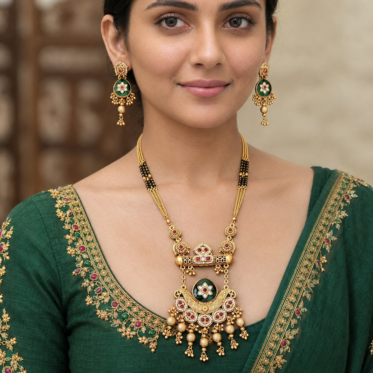 Js Fashion Heritage Rajwadi Polish Full Stone Party Wear Pendant SetSet