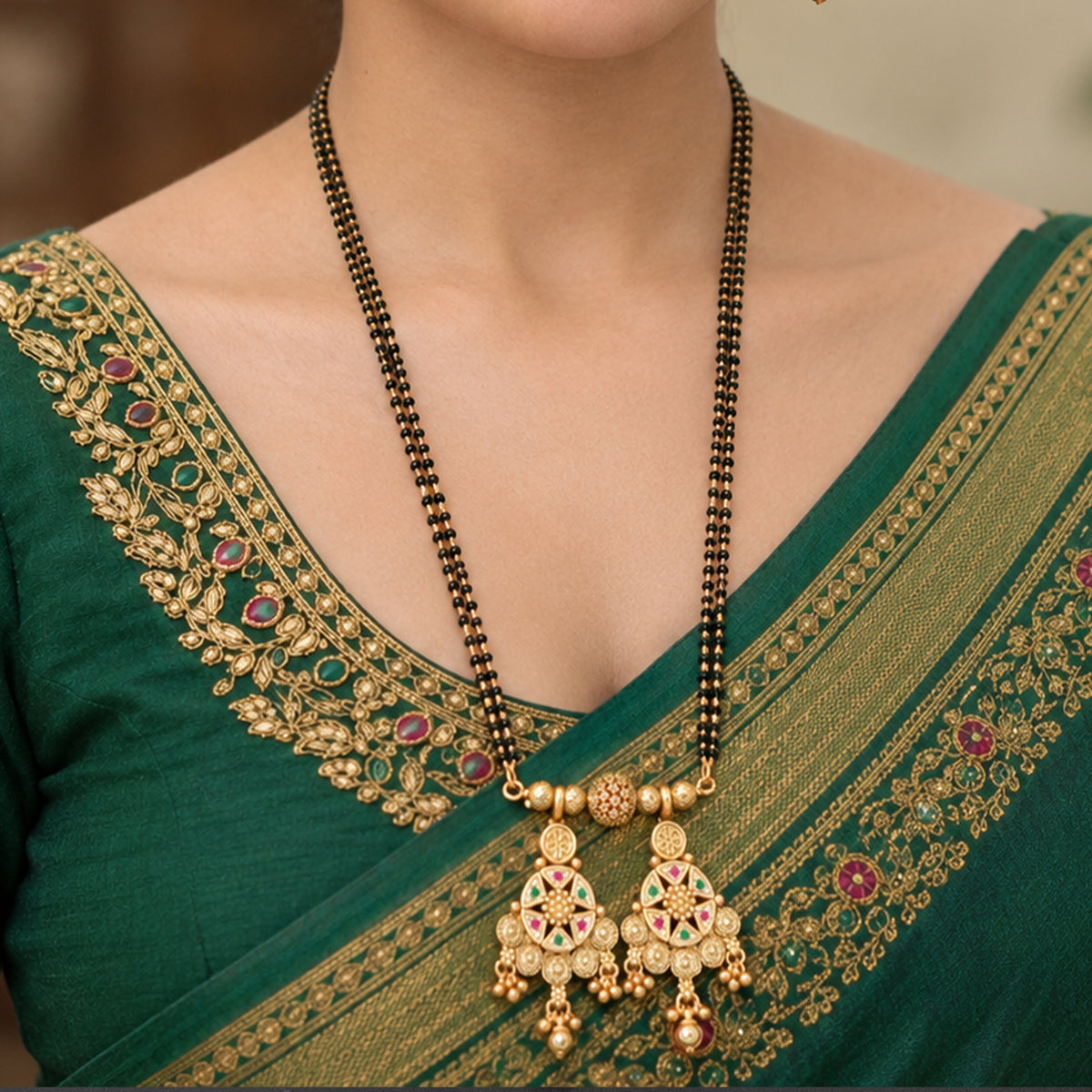 Js Fashion Traditional Gold Black Beaded Mangalsutra Pendant