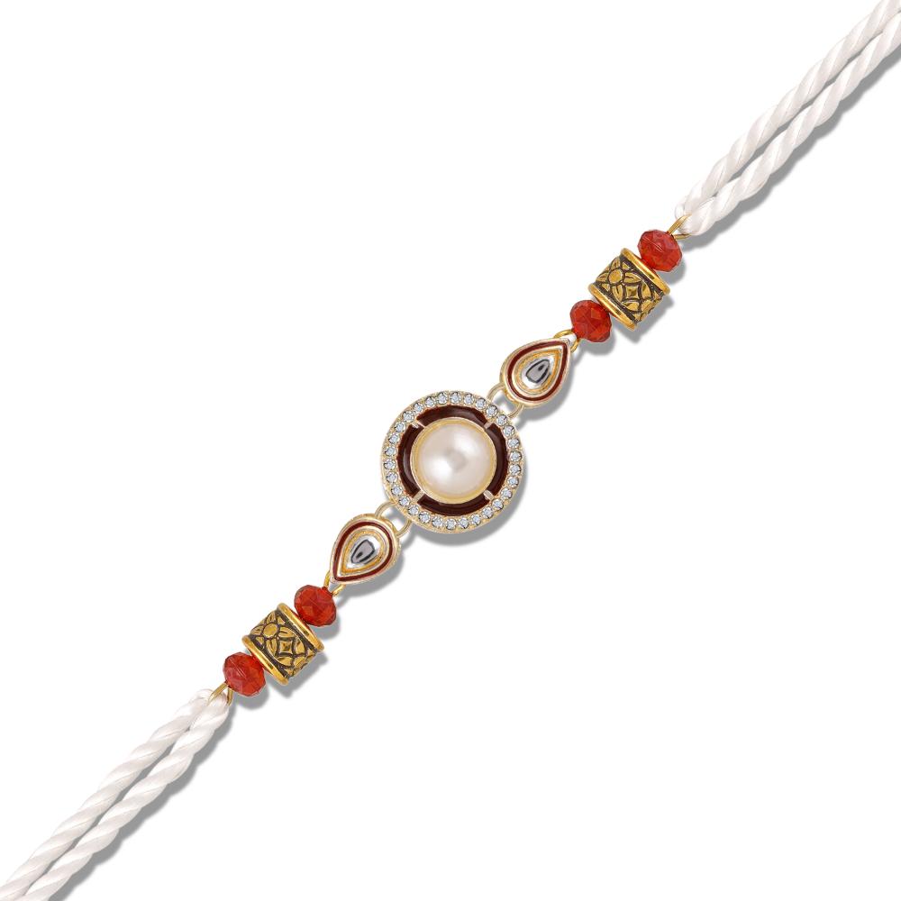 Mahi Artificial Pearl Premium Rakhi for Brother | Circular Design with Crystal & Red Beads (RA1100822G)