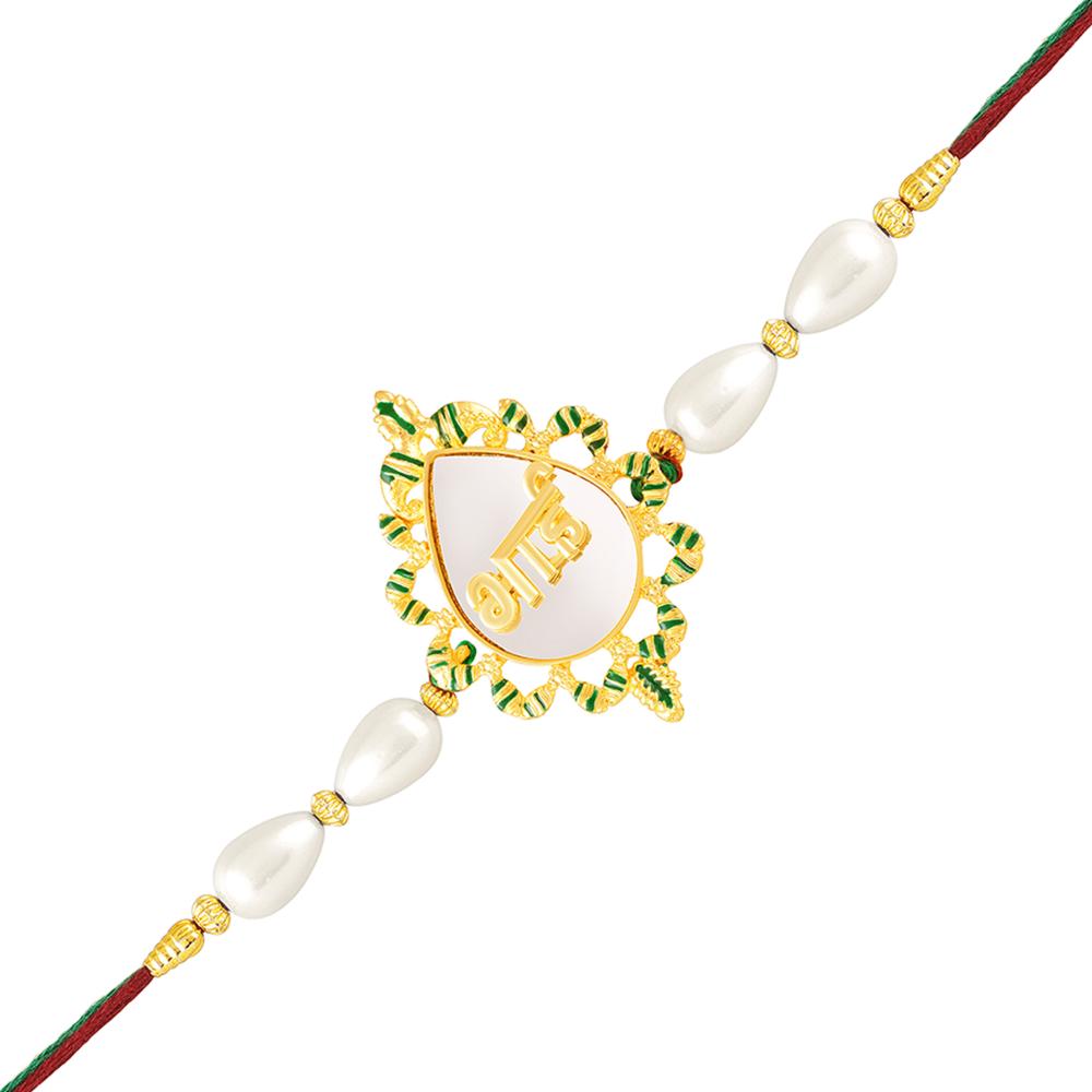 Mahi Bhai Engraved Green Meenakari Work Rakhi with Artificial Pearl for Brother (RA1100824G)