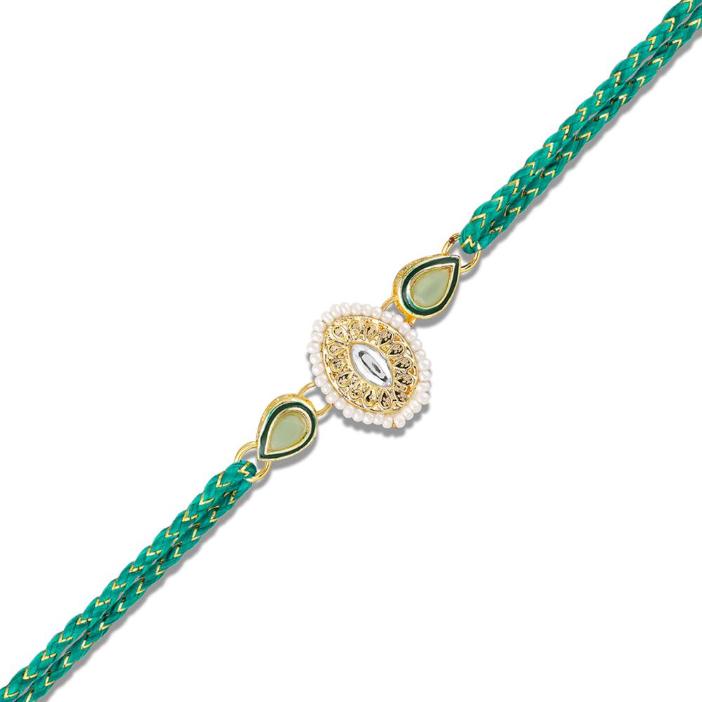 Mahi Elegant Kundan Rakhi for Brother | Oval Centerpiece with Mint Green Accents & Braided Blue Thread (RA1100825G)