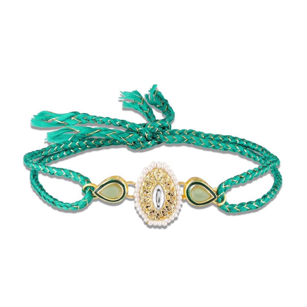 Mahi Elegant Kundan Rakhi for Brother | Oval Centerpiece with Mint Green Accents & Braided Blue Thread (RA1100825G)