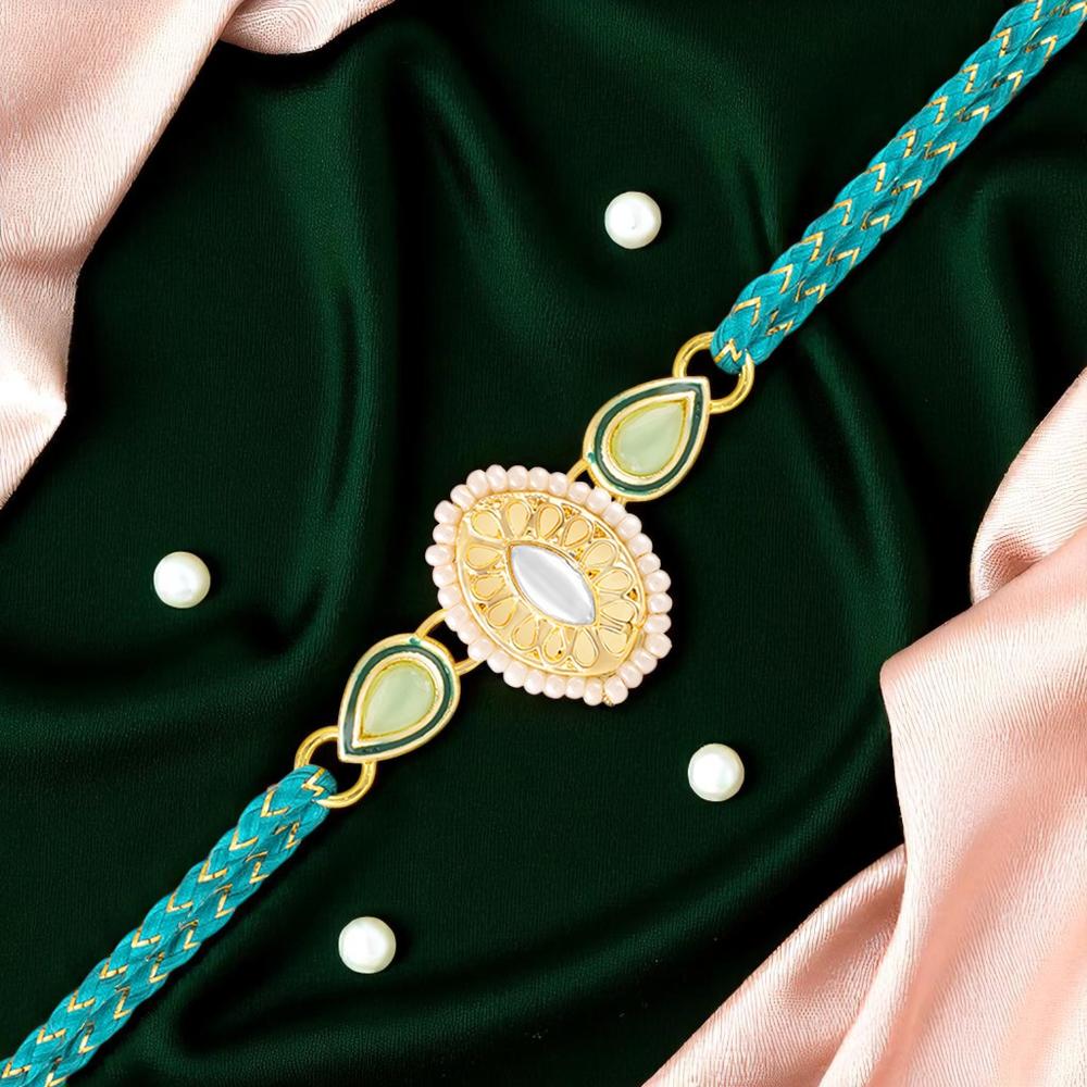 Mahi Elegant Kundan Rakhi for Brother | Oval Centerpiece with Mint Green Accents & Braided Blue Thread (RA1100825G)