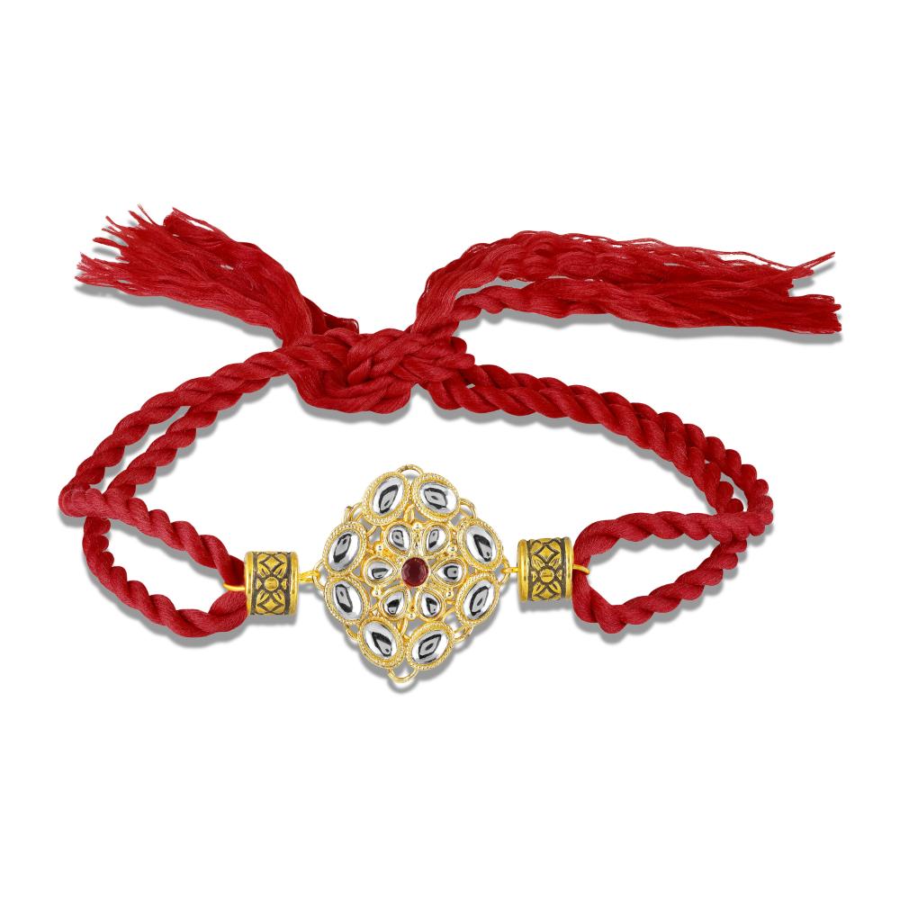 Mahi Traditional Kundan Rakhi for Brother | Red Thread Rakhi with Floral Gold Centerpiece (RA1100826G)