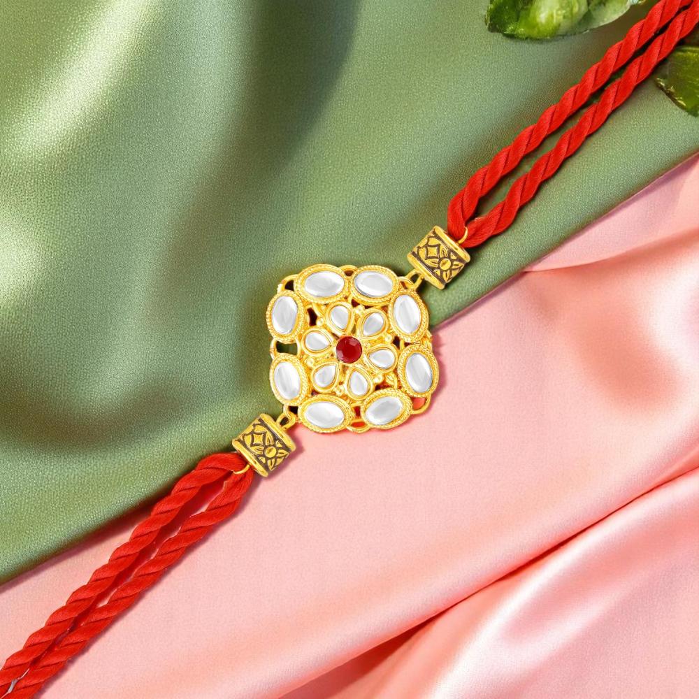 Mahi Traditional Kundan Rakhi for Brother | Red Thread Rakhi with Floral Gold Centerpiece (RA1100826G)