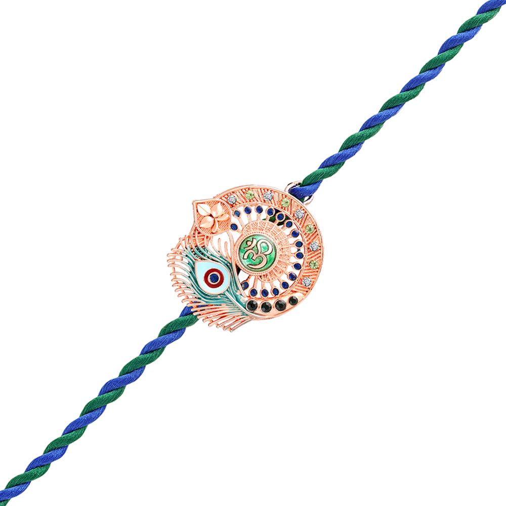 Mahi Om & Peacock-Feather-Theme Rakhi for Brother with Multicolor Crystals & Meenakari Work (RA1100829ZMul)