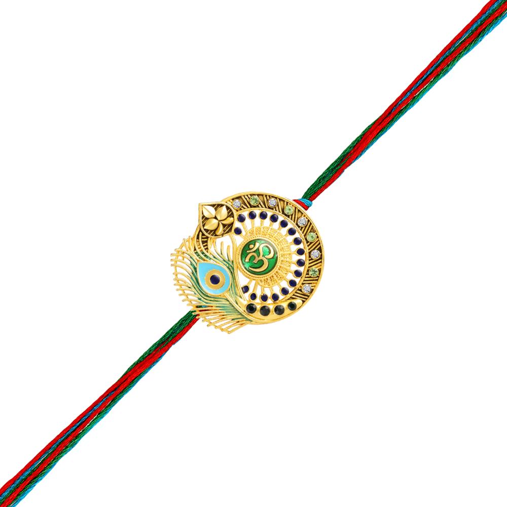 Mahi Om & Peacock-Feather-Theme Rakhi for Brother with Multicolor Crystals & Meenakari Work (RA1100830GMul)