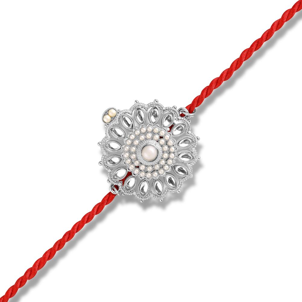 Mahi Royal Rakhi for Brother | Silver-Toned Floral Motif with Artificial Pearl & Red Thread (RA1100831RWhi)