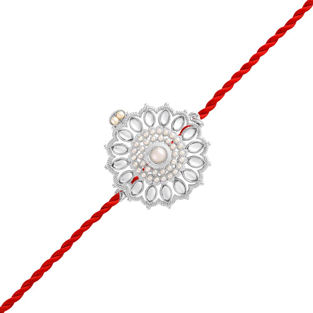 Mahi Royal Rakhi for Brother | Silver-Toned Floral Motif with Artificial Pearl & Red Thread (RA1100831RWhi)