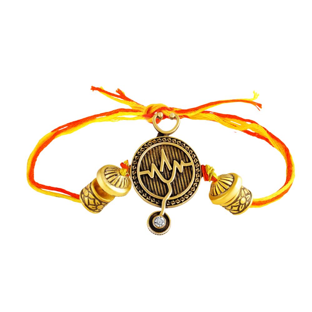 Mahi Doctor Themed Rakhi for Brother | Antique Gold Stethoscope & Heartbeat Design (RA1100833G)